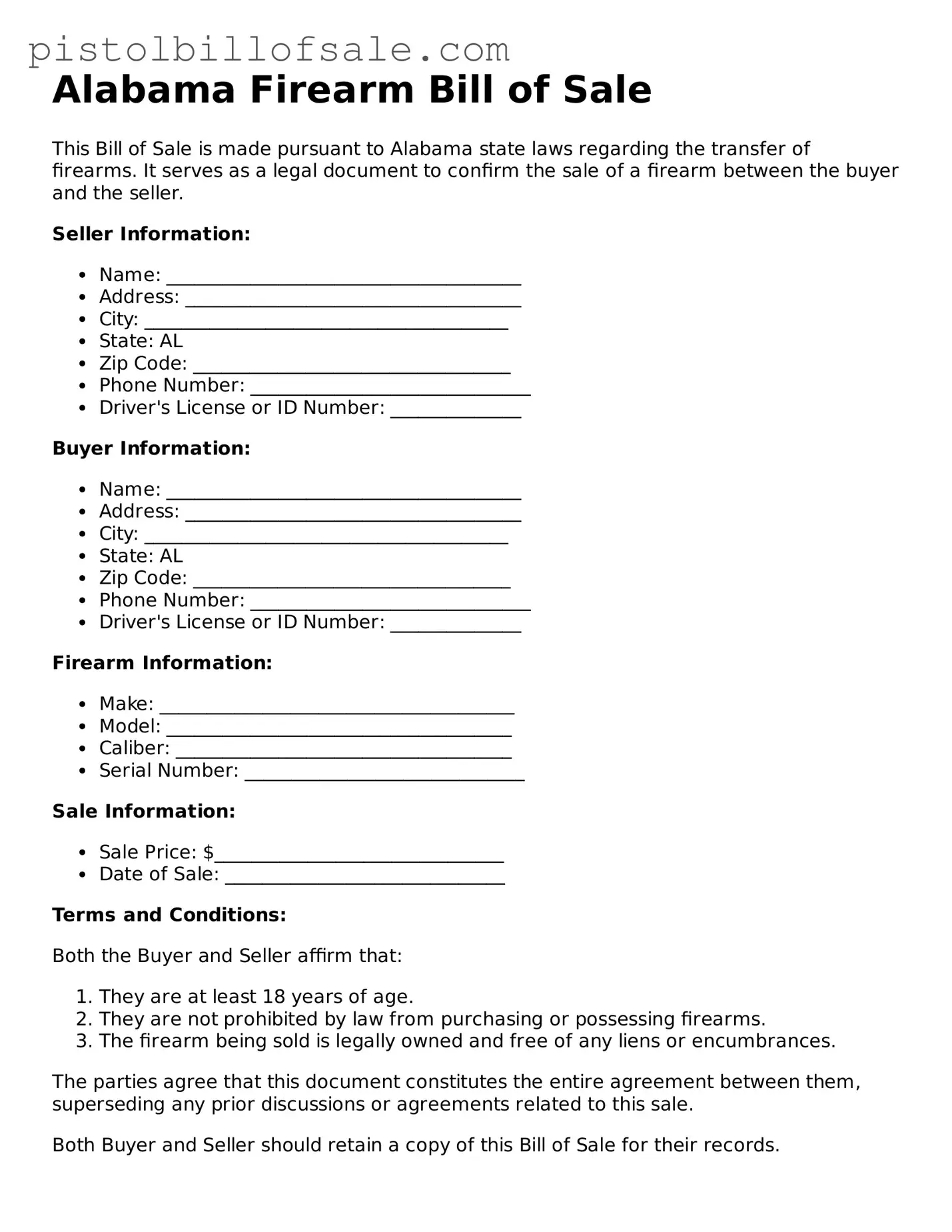 Blank  Firearm Bill of Sale Form for Alabama