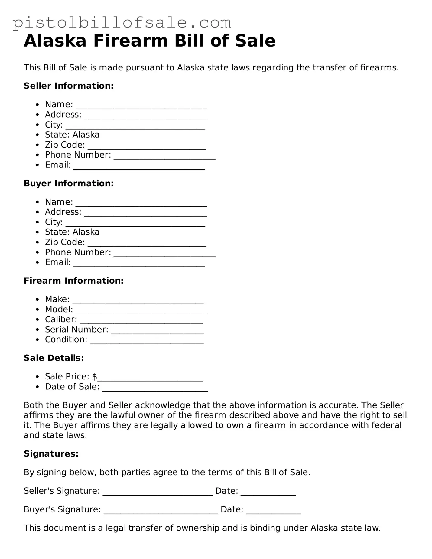Blank  Firearm Bill of Sale Form for Alaska