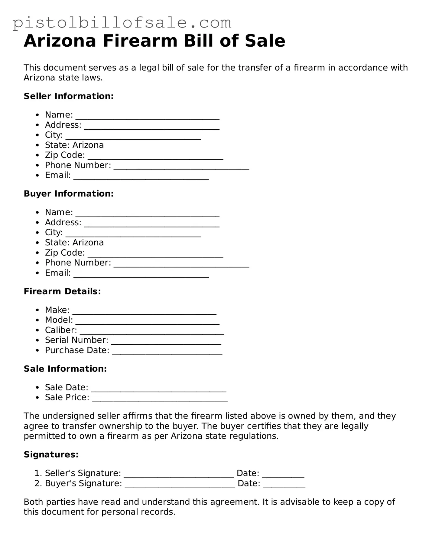 Blank  Firearm Bill of Sale Form for Arizona