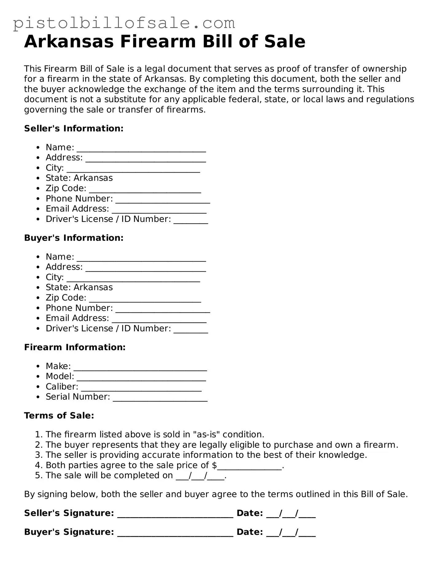 Blank  Firearm Bill of Sale Form for Arkansas