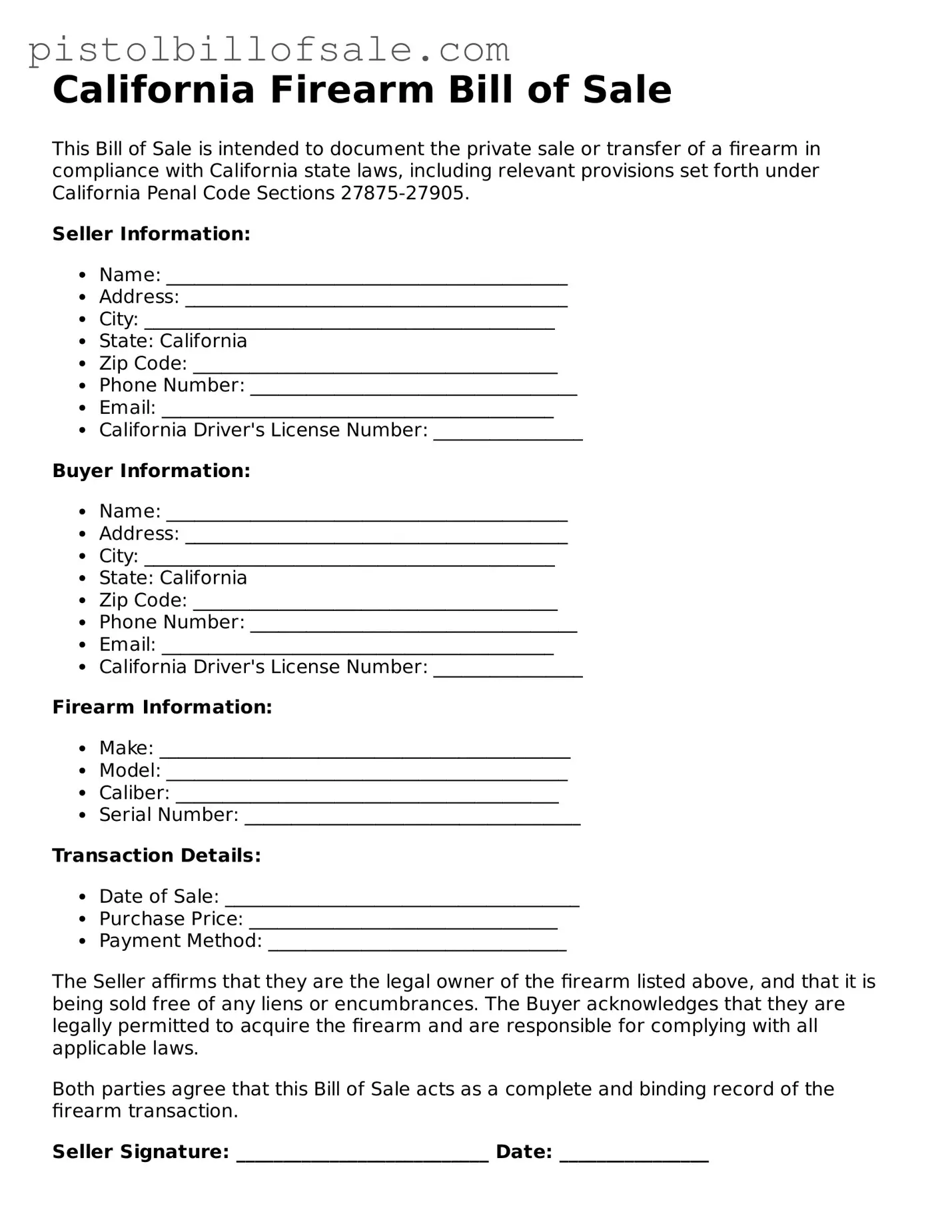 Blank  Firearm Bill of Sale Form for California