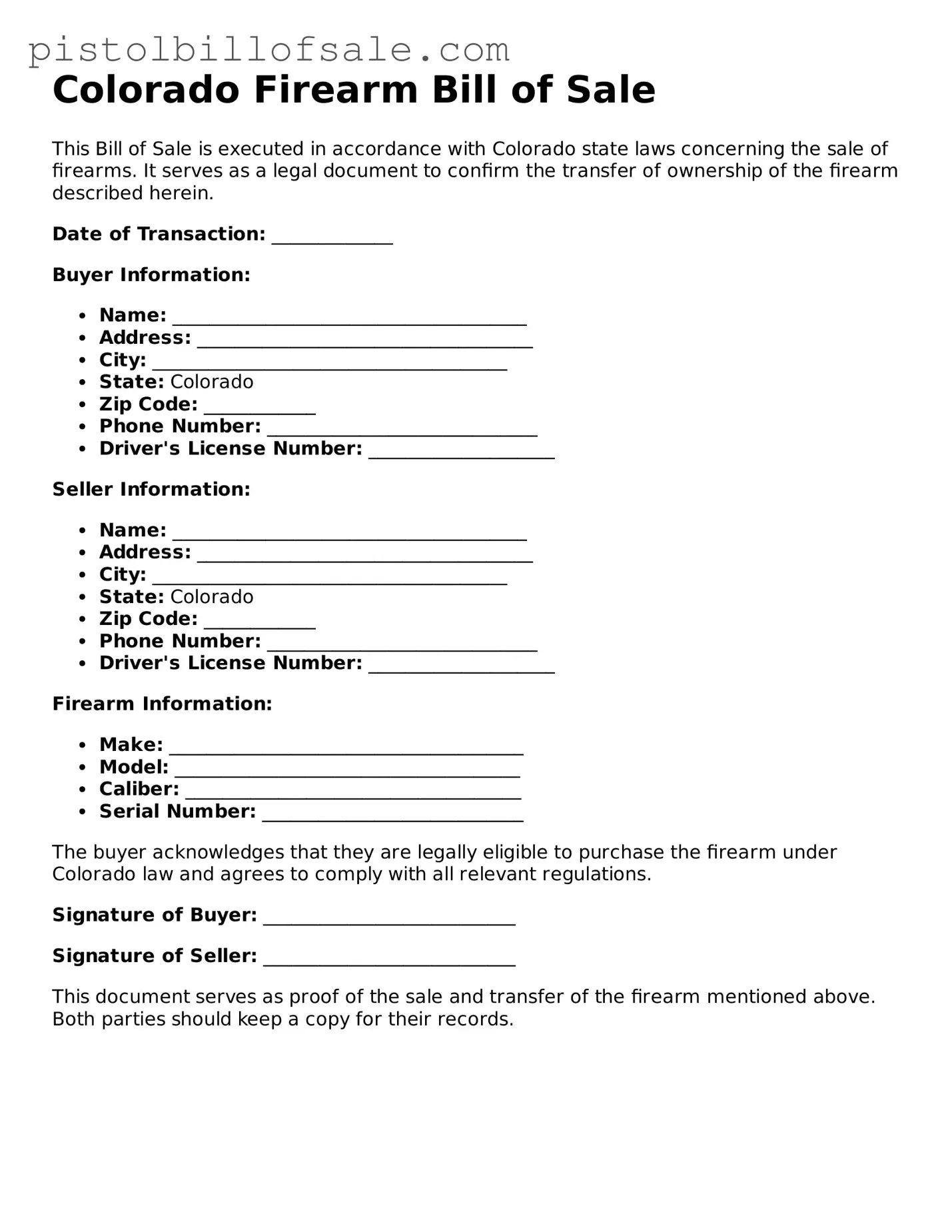 Blank  Firearm Bill of Sale Form for Colorado