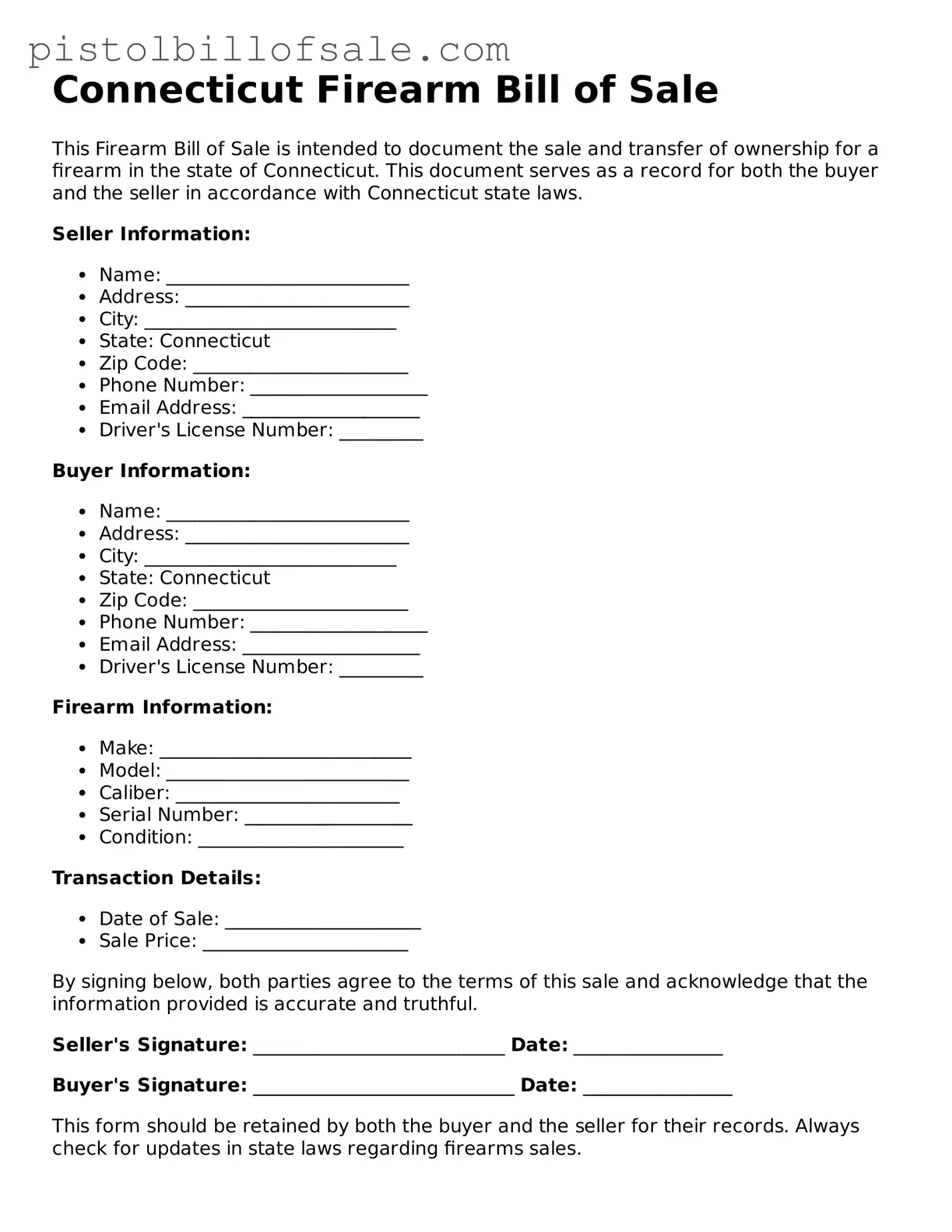 Blank  Firearm Bill of Sale Form for Connecticut