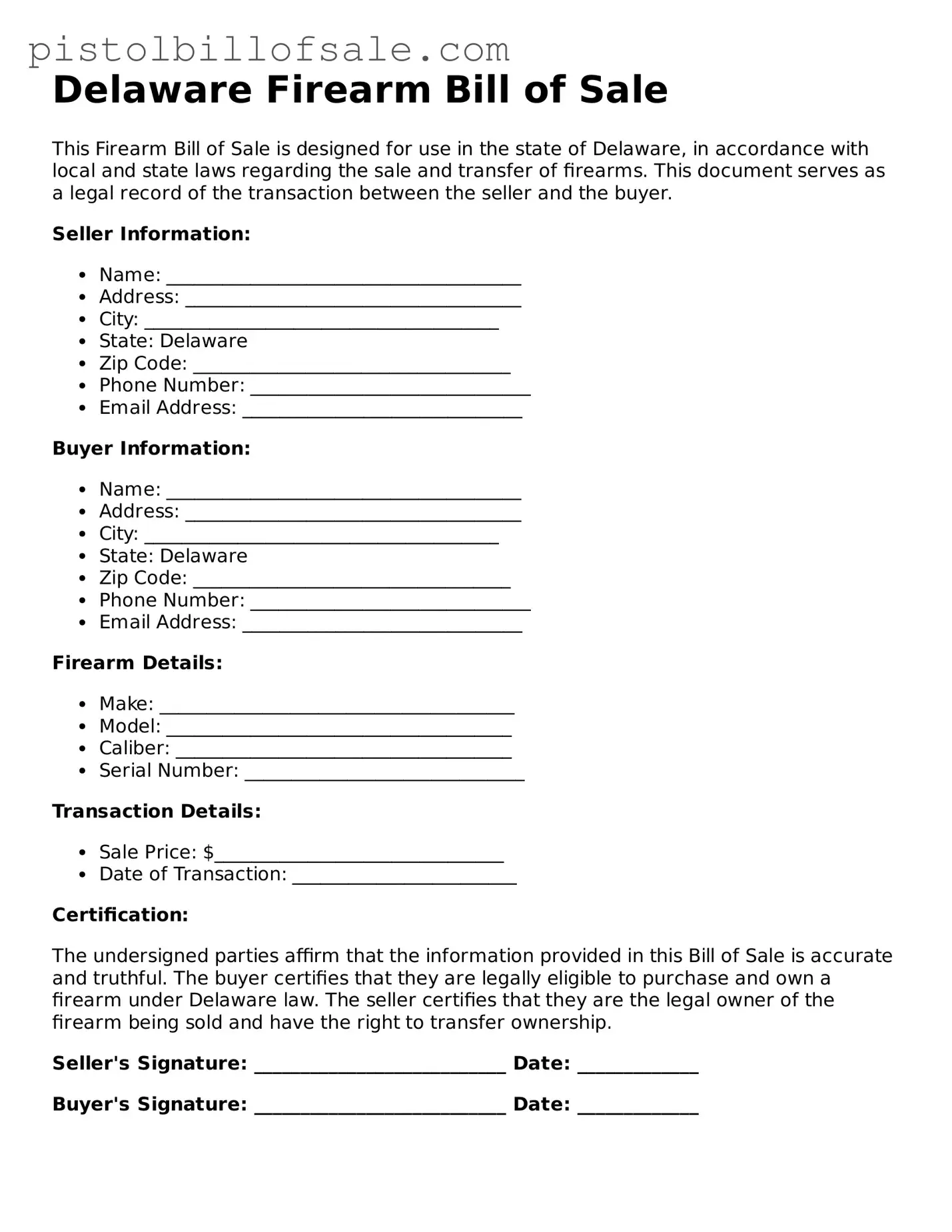 Blank  Firearm Bill of Sale Form for Delaware