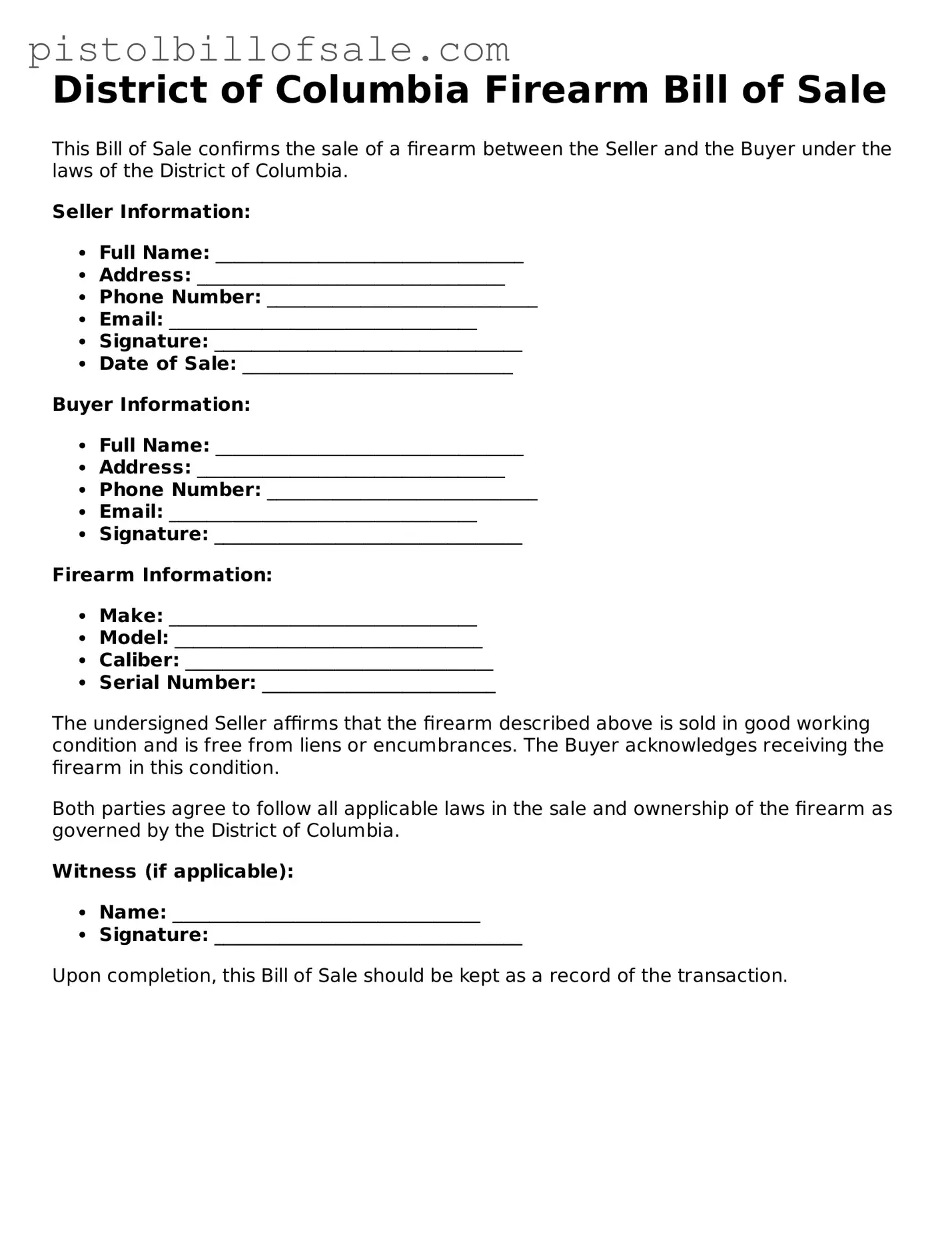 Blank  Firearm Bill of Sale Form for District of Columbia