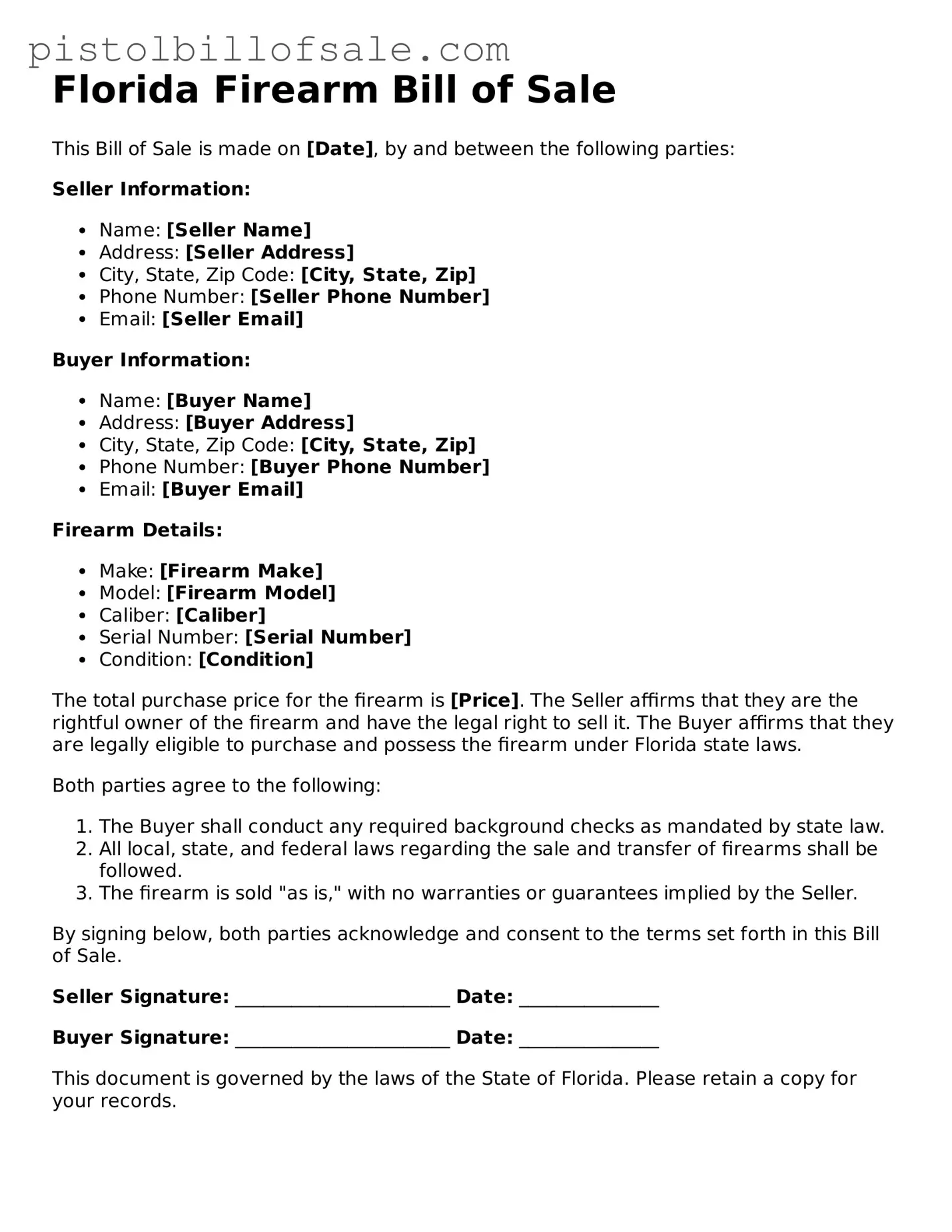 Blank  Firearm Bill of Sale Form for Florida