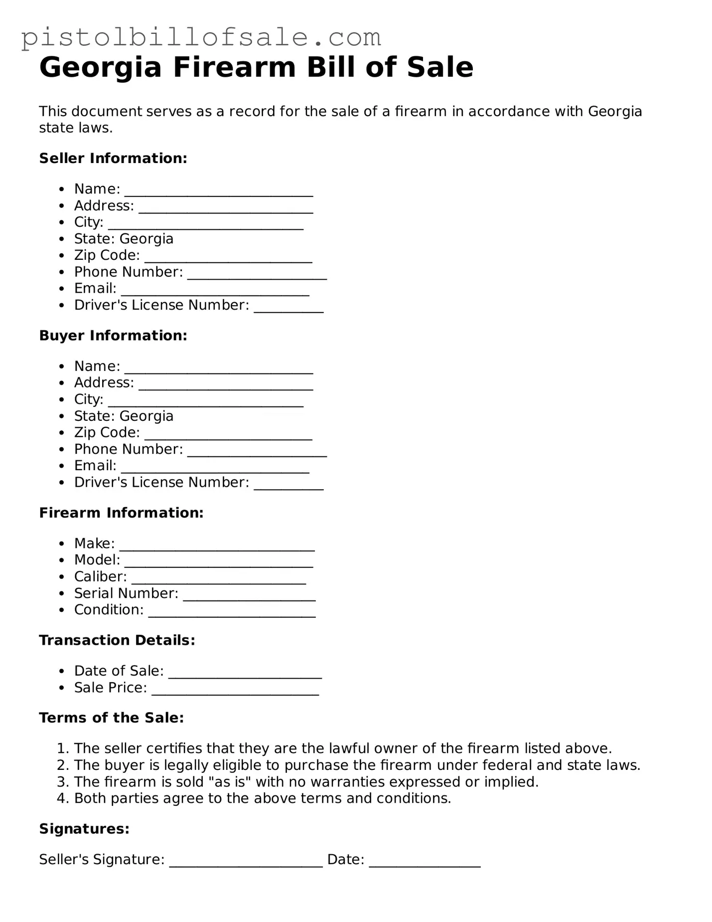 Blank  Firearm Bill of Sale Form for Georgia