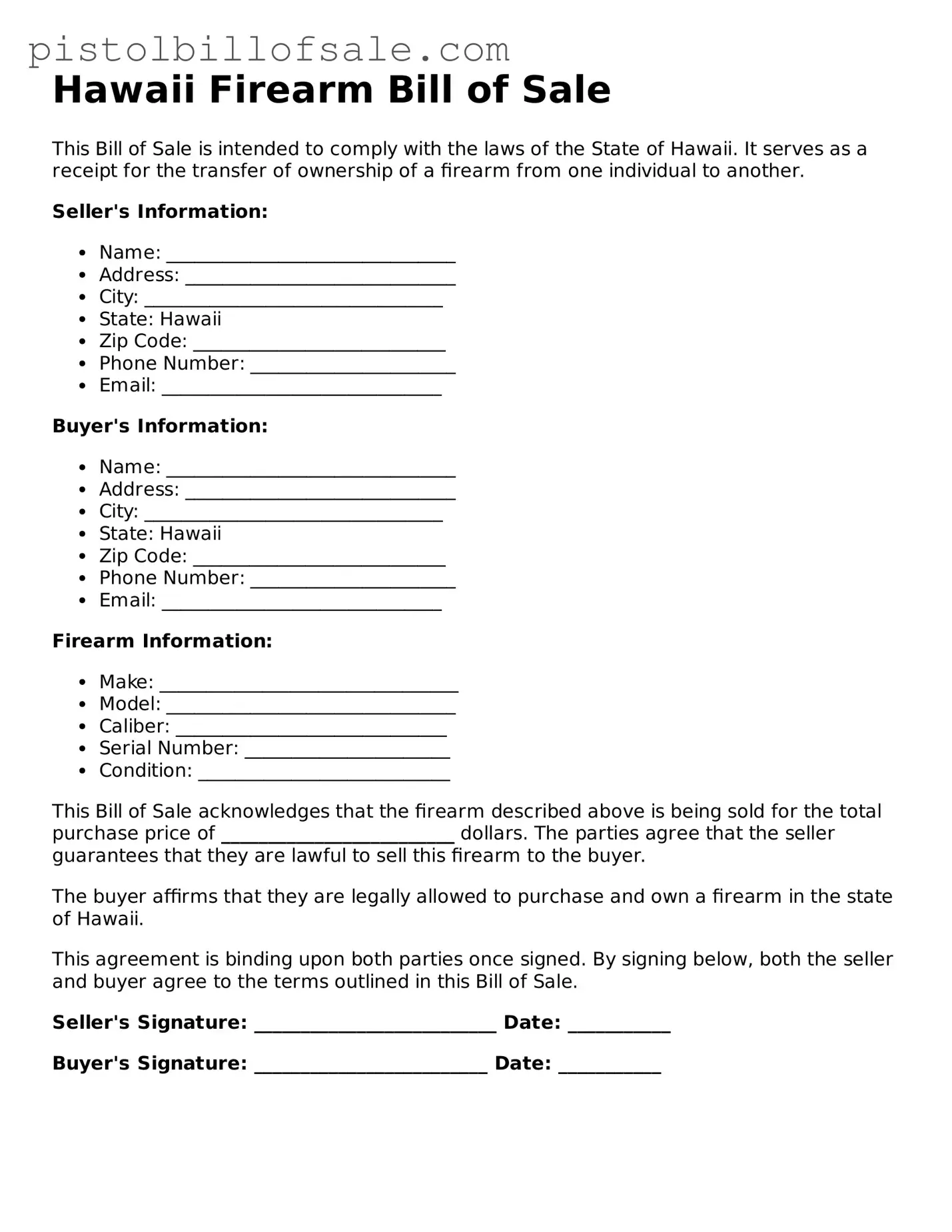 Blank  Firearm Bill of Sale Form for Hawaii