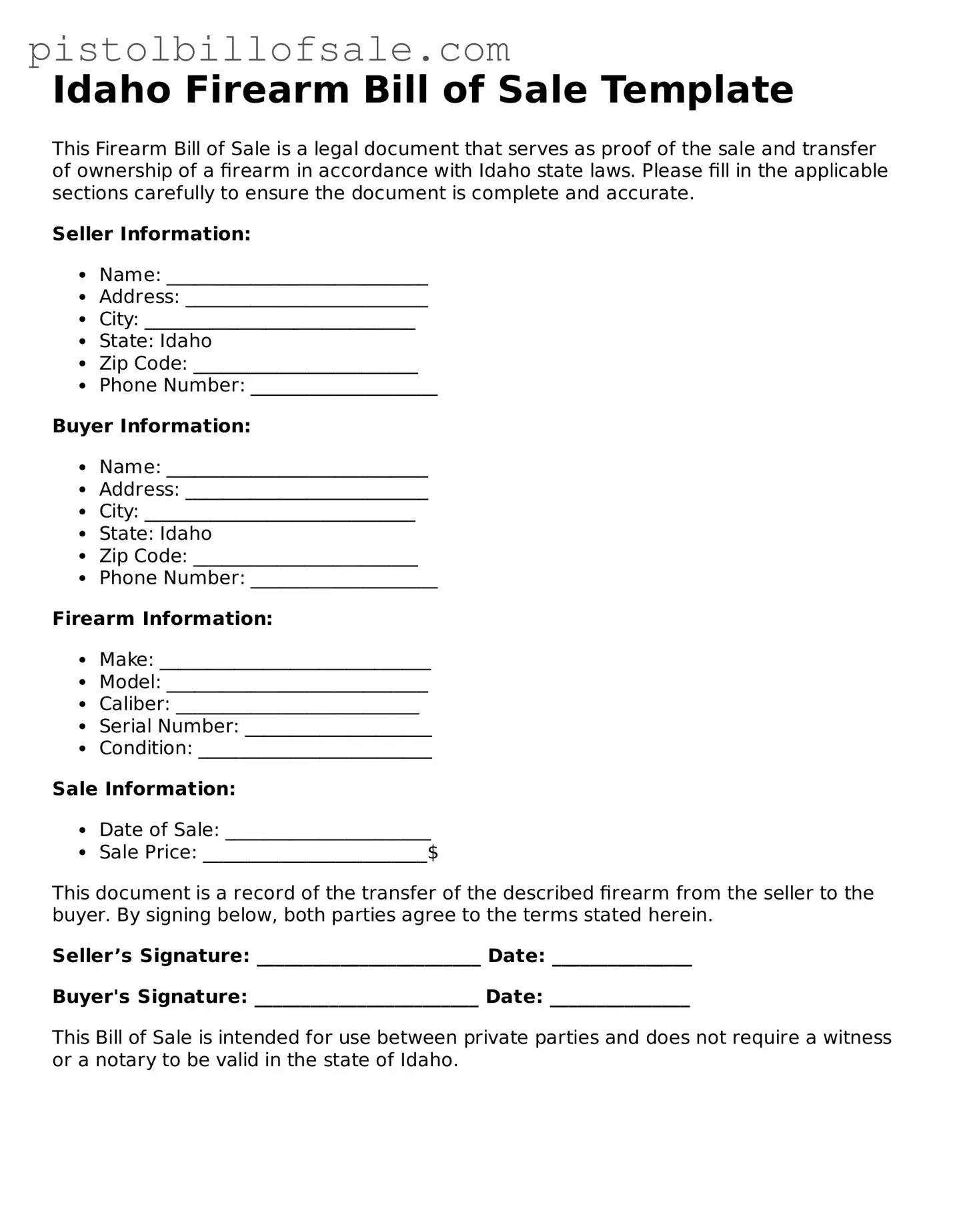 Blank  Firearm Bill of Sale Form for Idaho