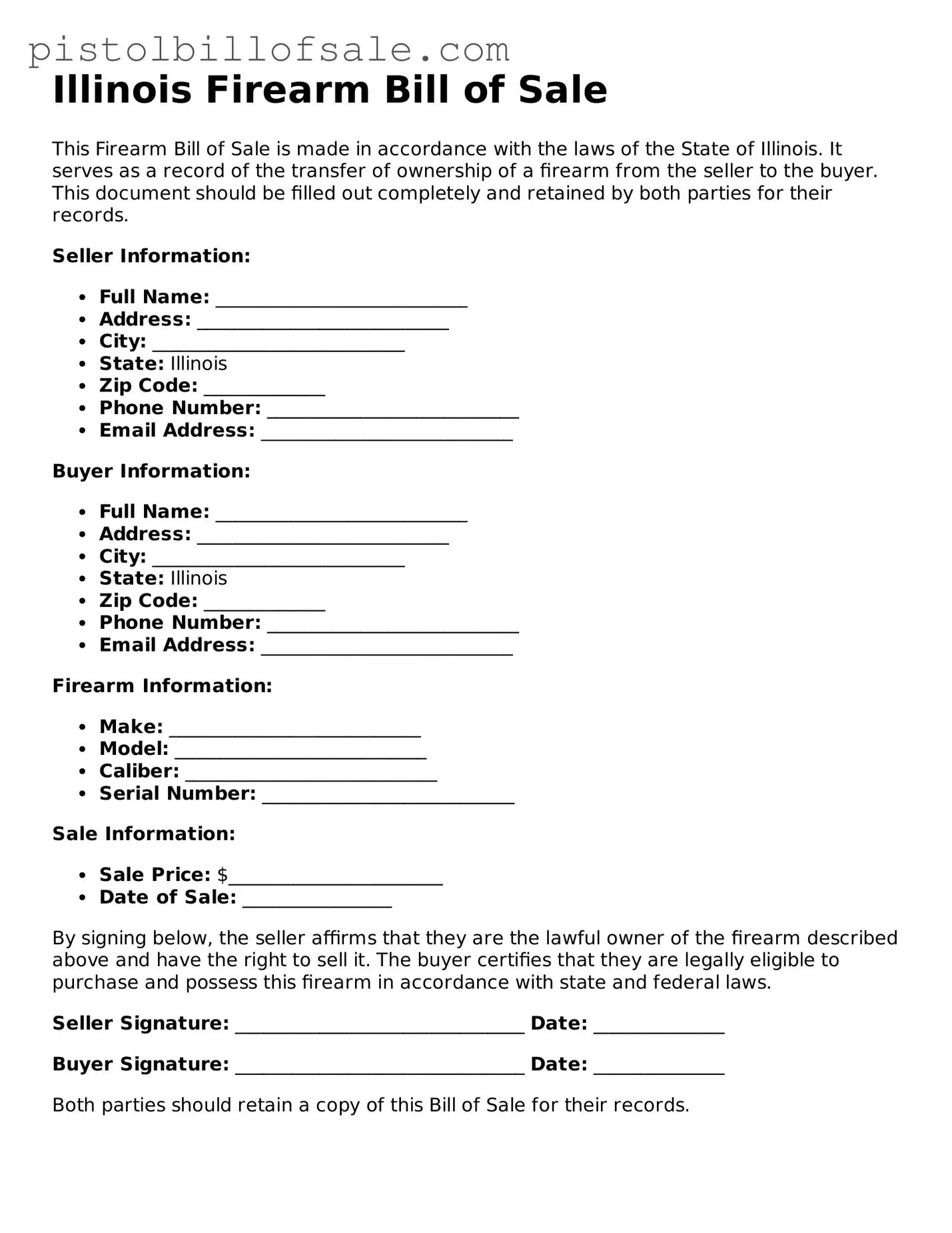 Blank  Firearm Bill of Sale Form for Illinois
