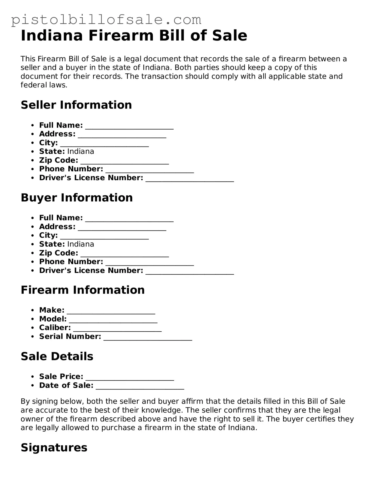 Blank  Firearm Bill of Sale Form for Indiana