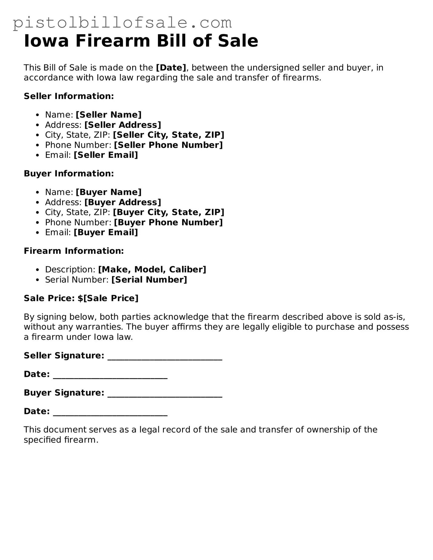 Blank  Firearm Bill of Sale Form for Iowa