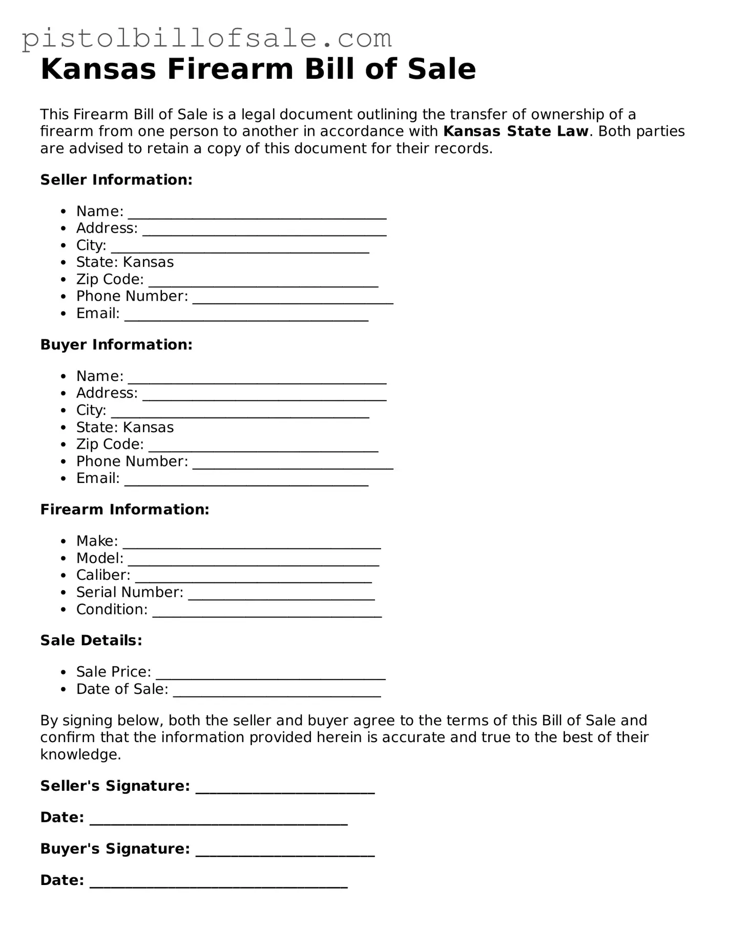 Blank  Firearm Bill of Sale Form for Kansas
