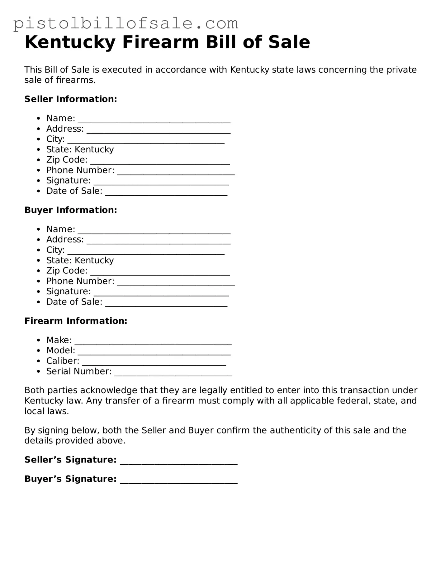 Blank  Firearm Bill of Sale Form for Kentucky