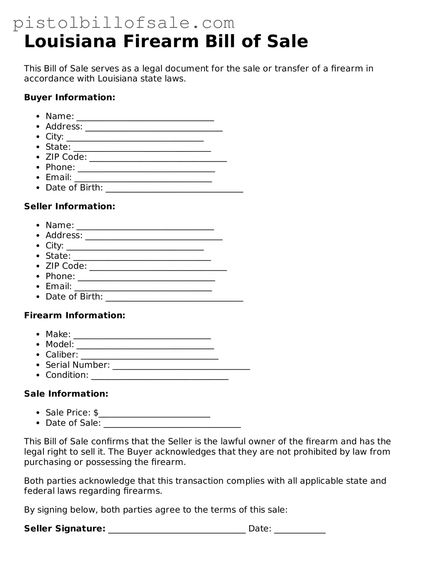 Blank  Firearm Bill of Sale Form for Louisiana