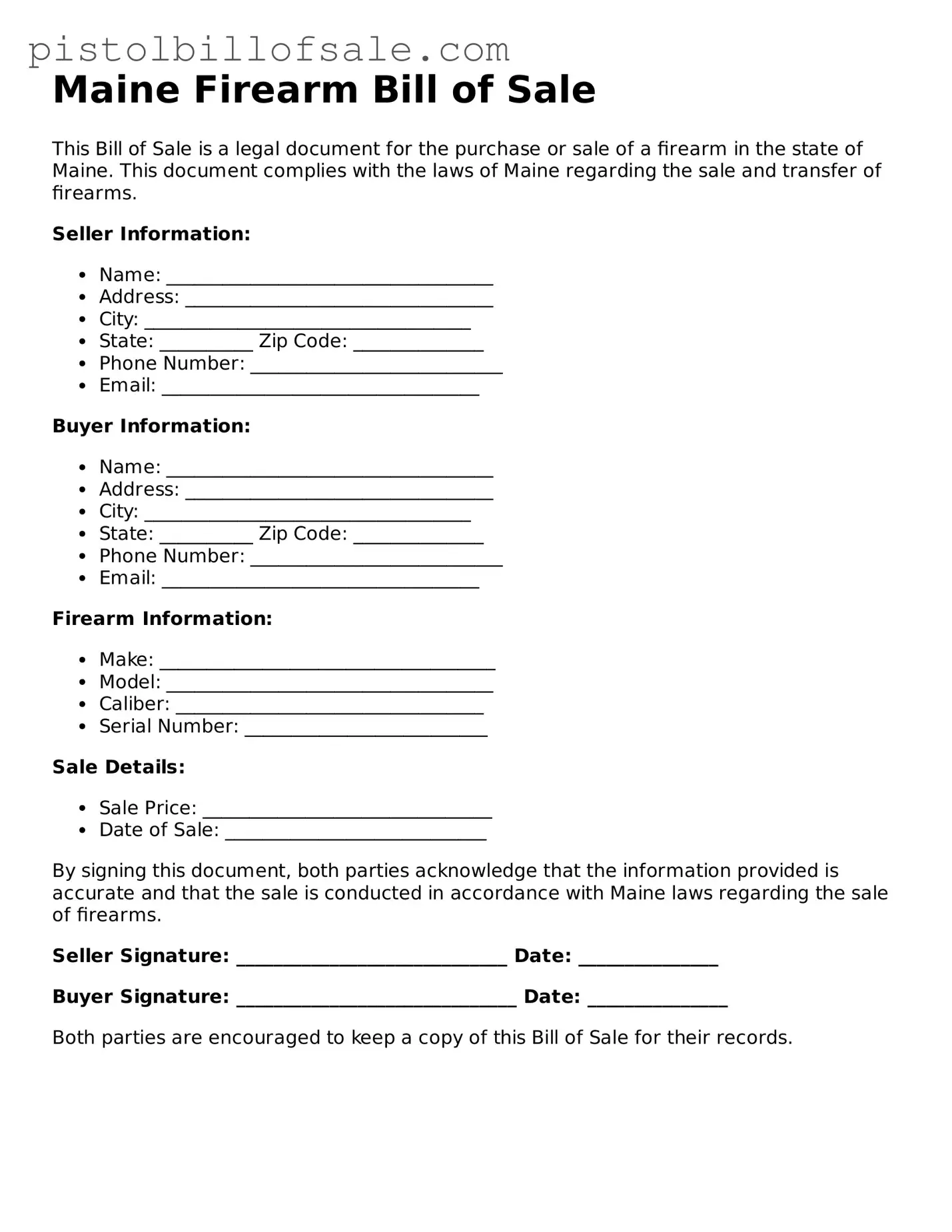 Blank  Firearm Bill of Sale Form for Maine