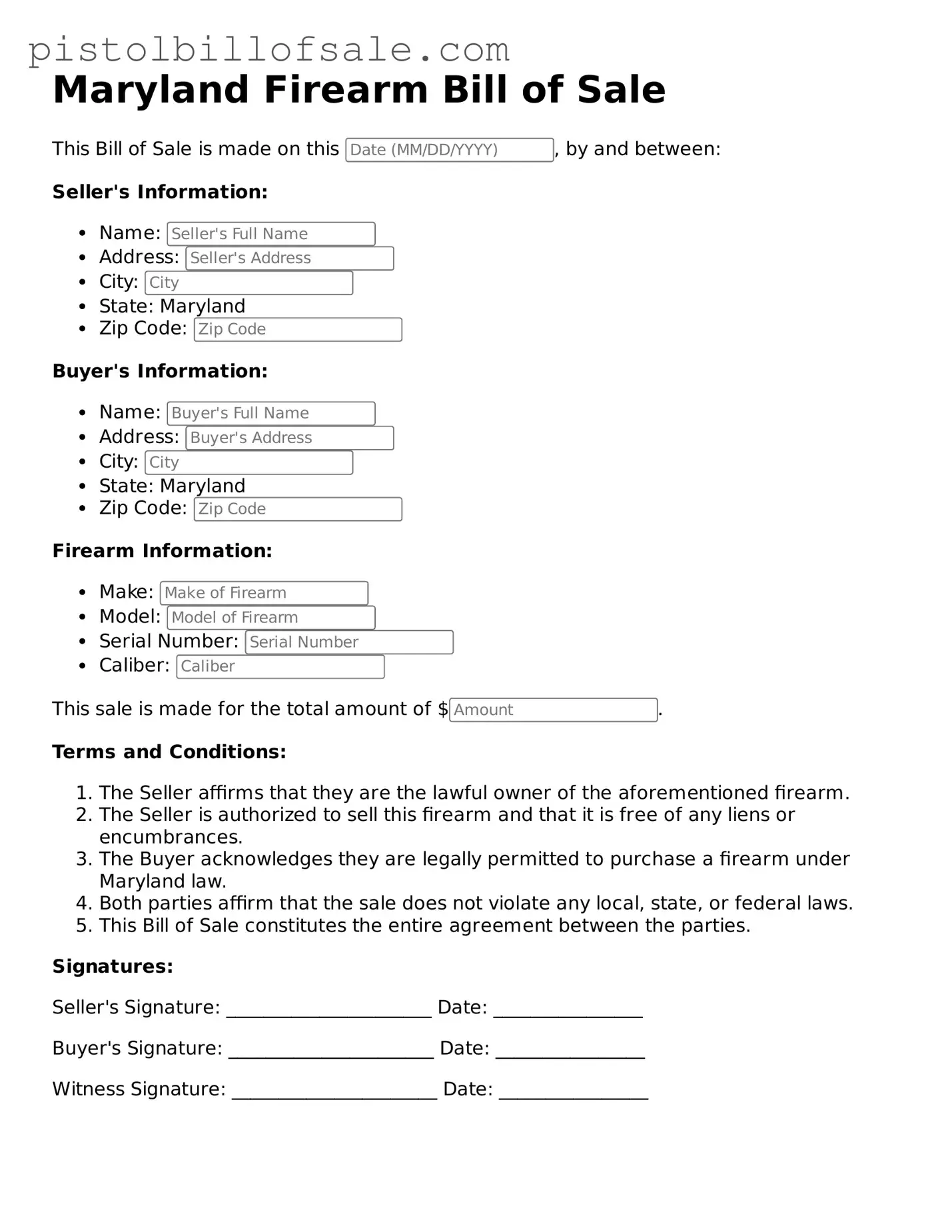 Blank  Firearm Bill of Sale Form for Maryland