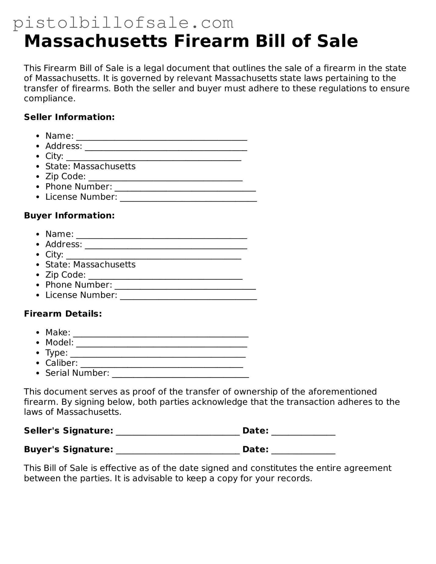 Blank  Firearm Bill of Sale Form for Massachusetts