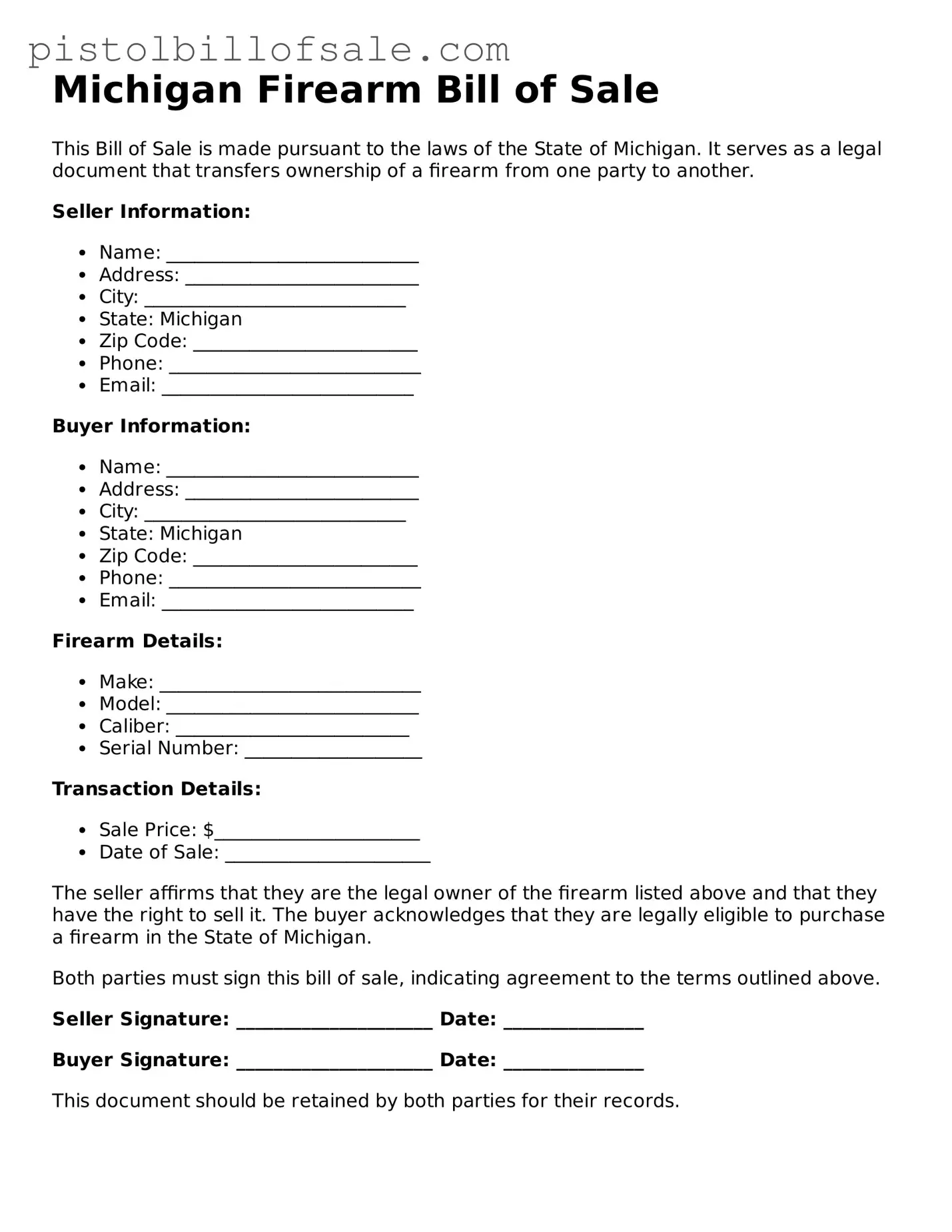 Blank  Firearm Bill of Sale Form for Michigan