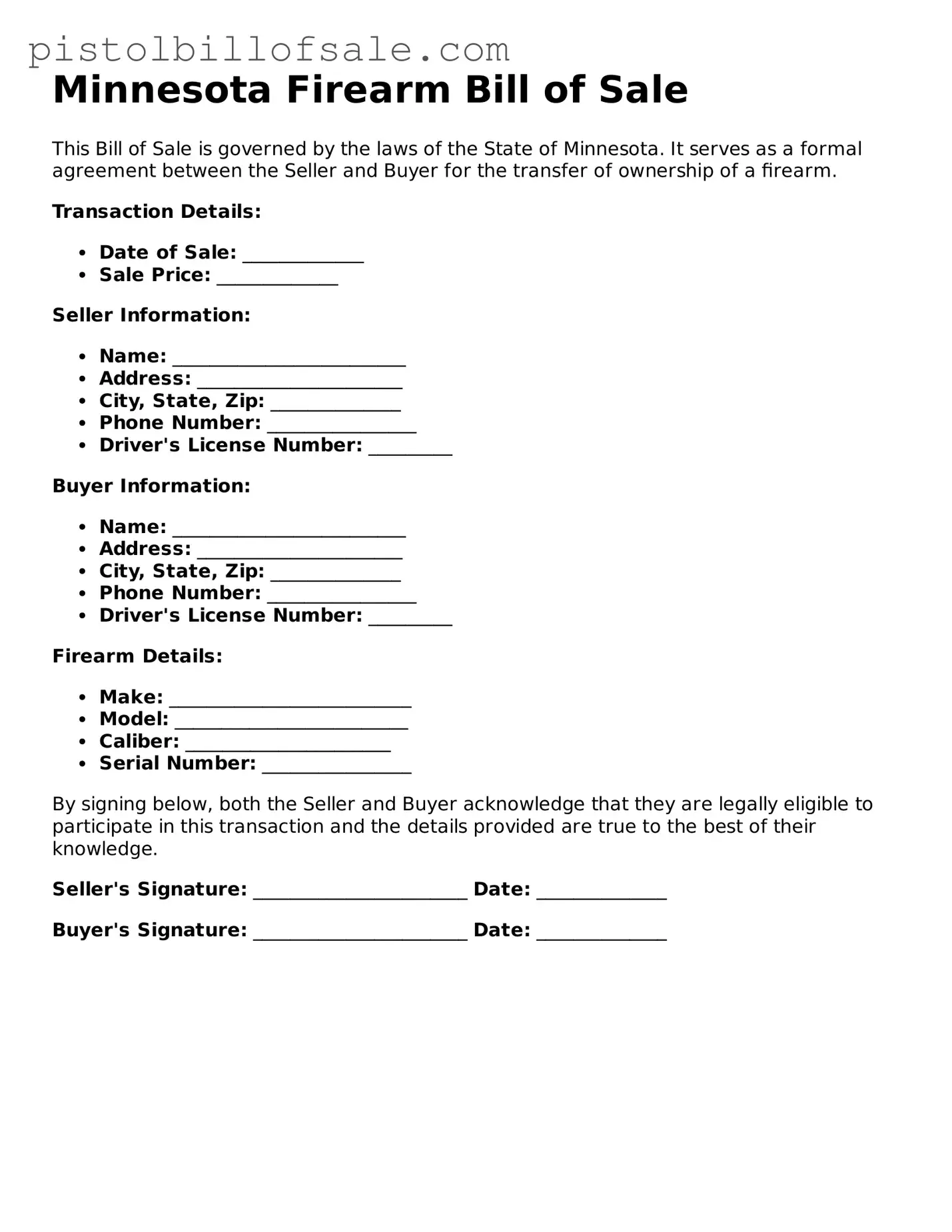 Blank  Firearm Bill of Sale Form for Minnesota