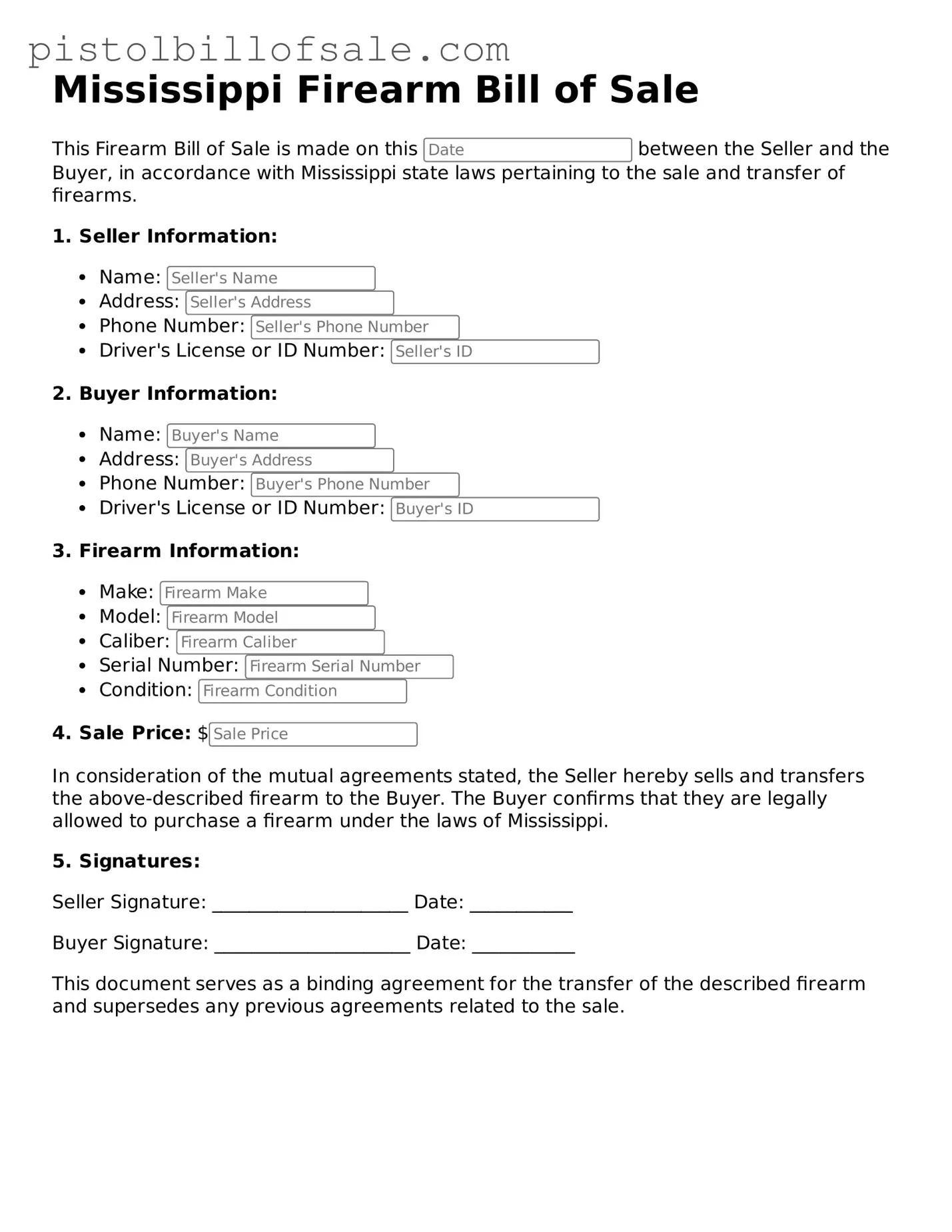 Blank  Firearm Bill of Sale Form for Mississippi