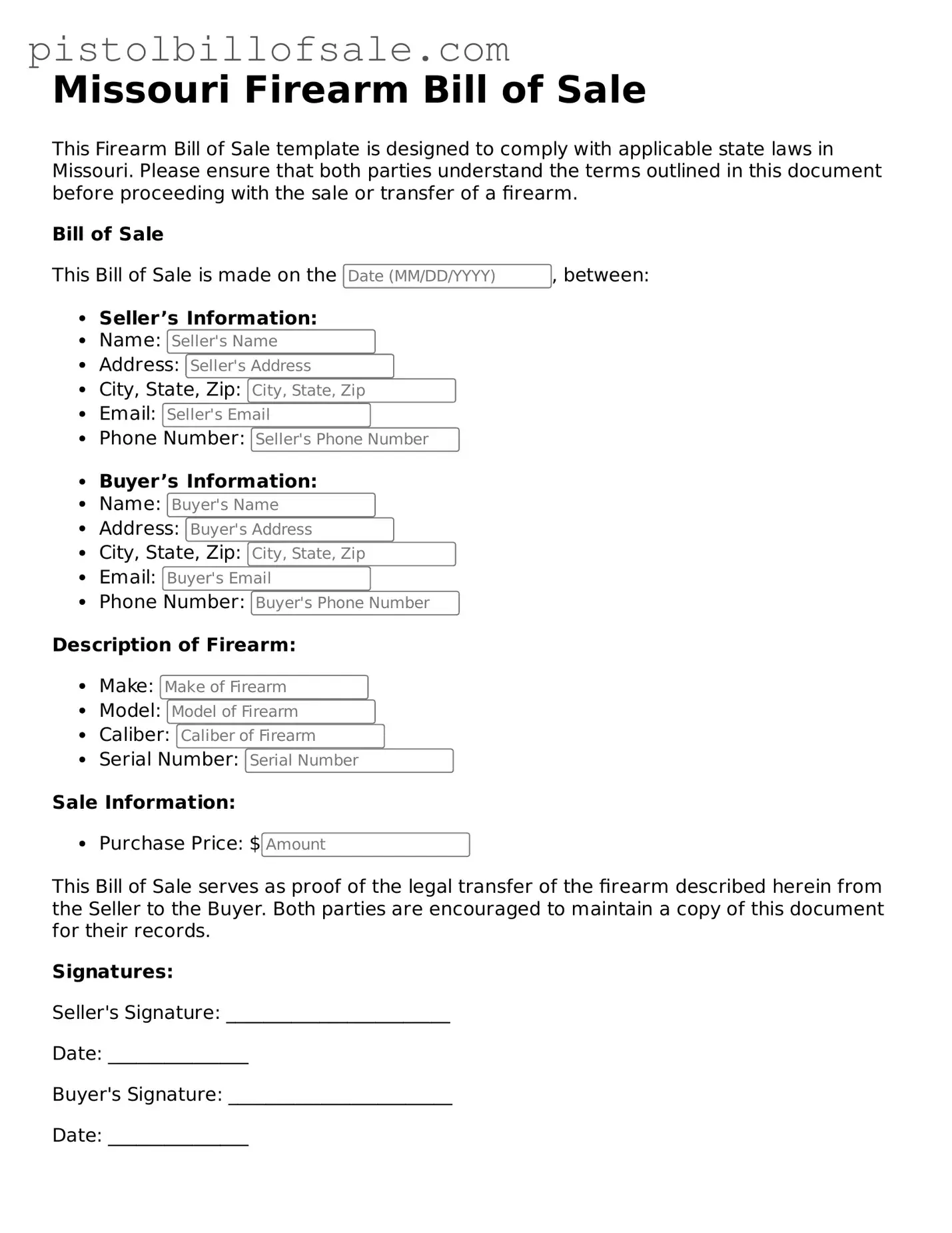 Blank  Firearm Bill of Sale Form for Missouri