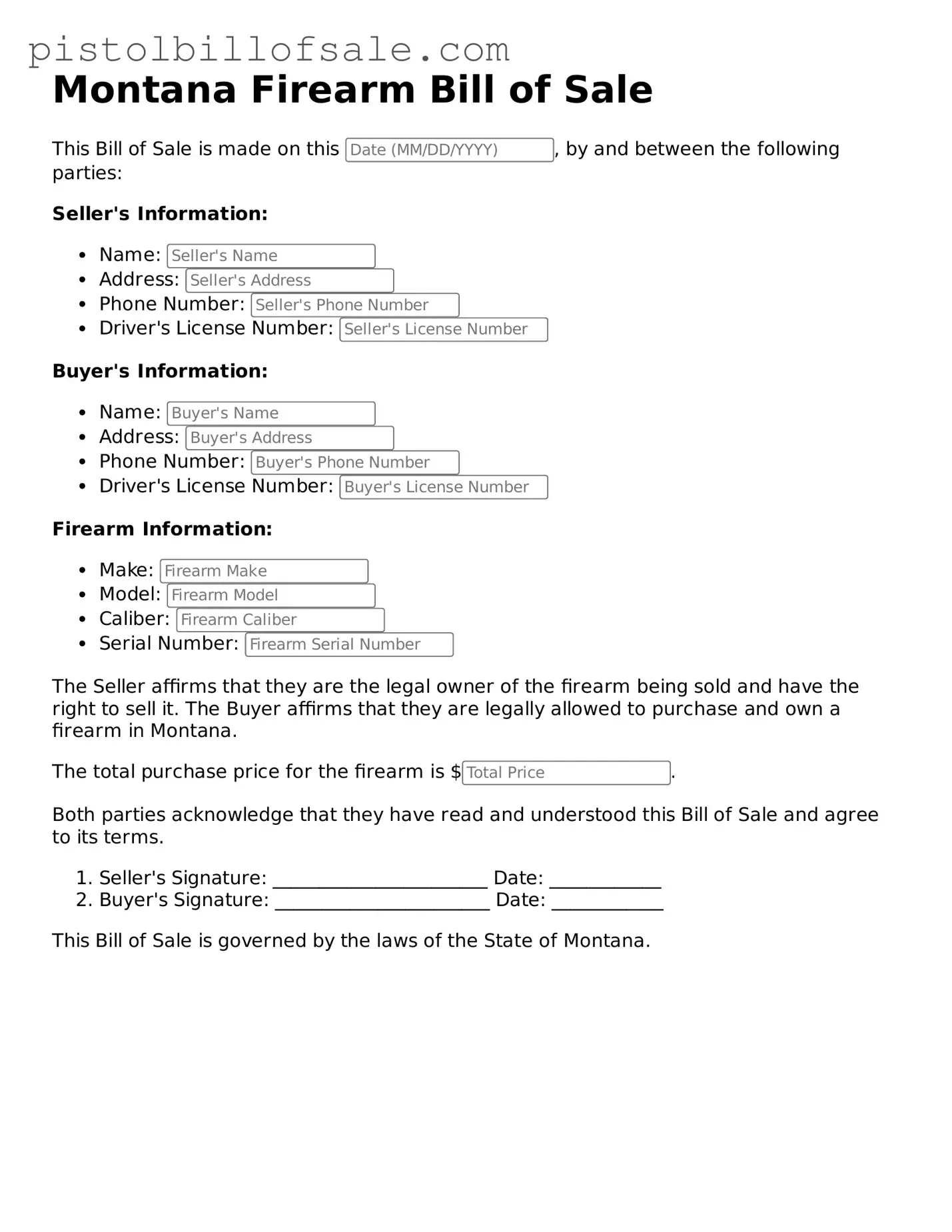 Blank  Firearm Bill of Sale Form for Montana