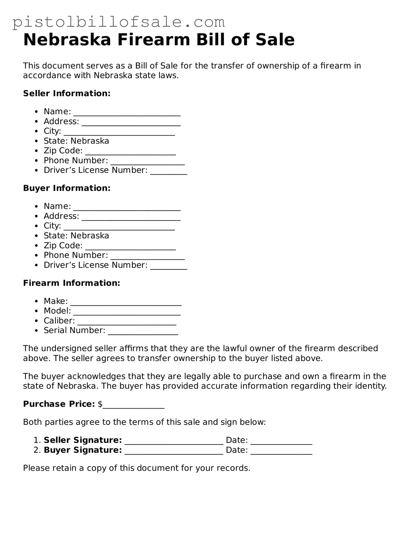 Blank  Firearm Bill of Sale Form for Nebraska