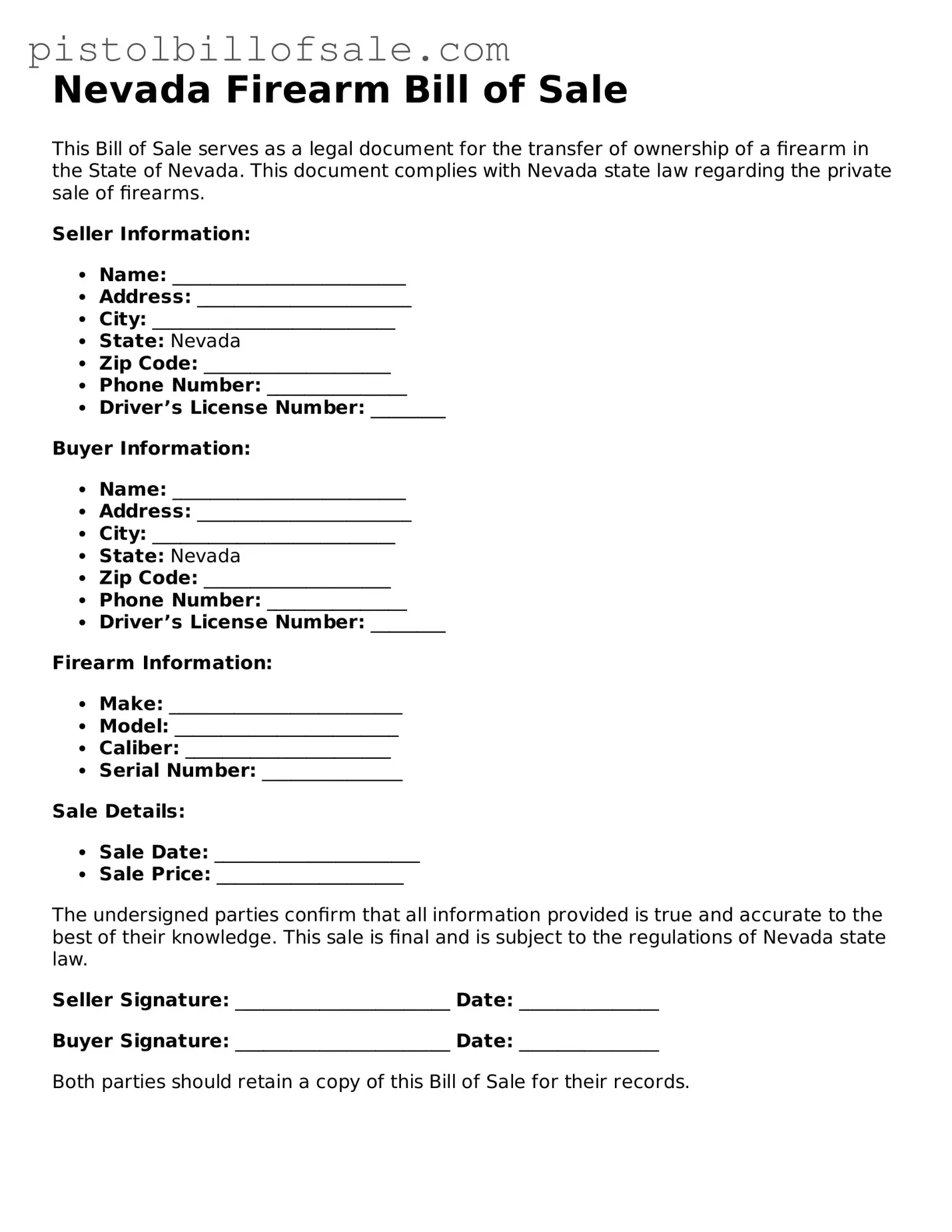 Blank  Firearm Bill of Sale Form for Nevada