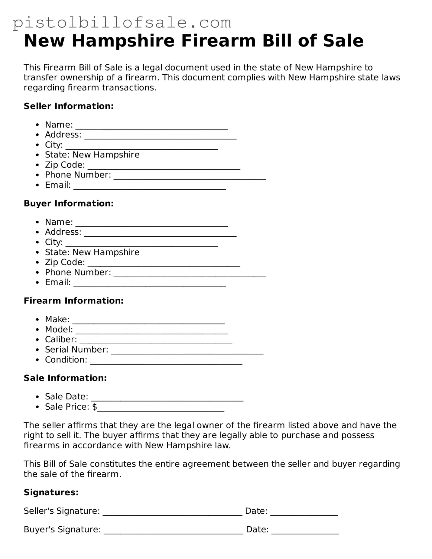 Blank  Firearm Bill of Sale Form for New Hampshire