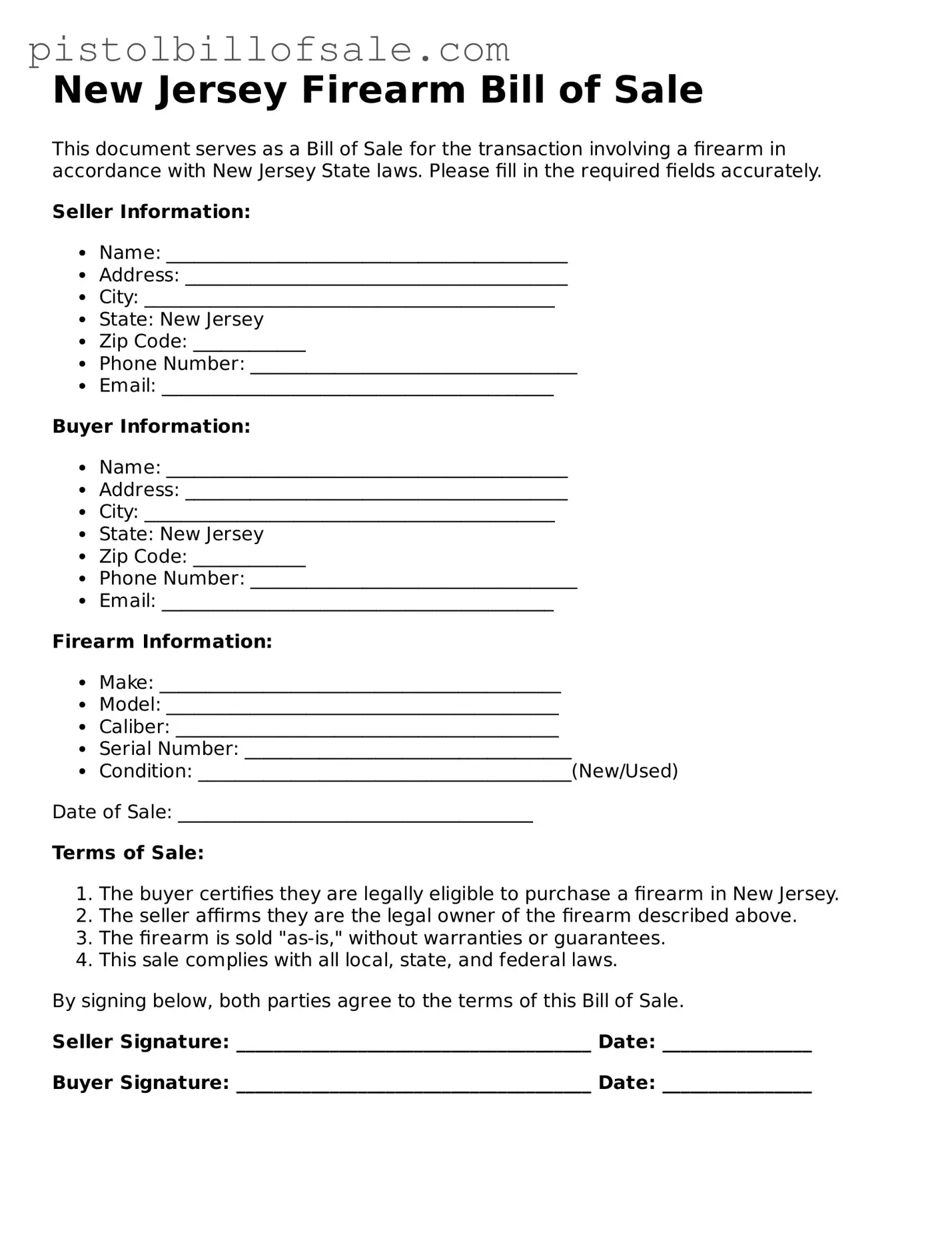 Blank  Firearm Bill of Sale Form for New Jersey