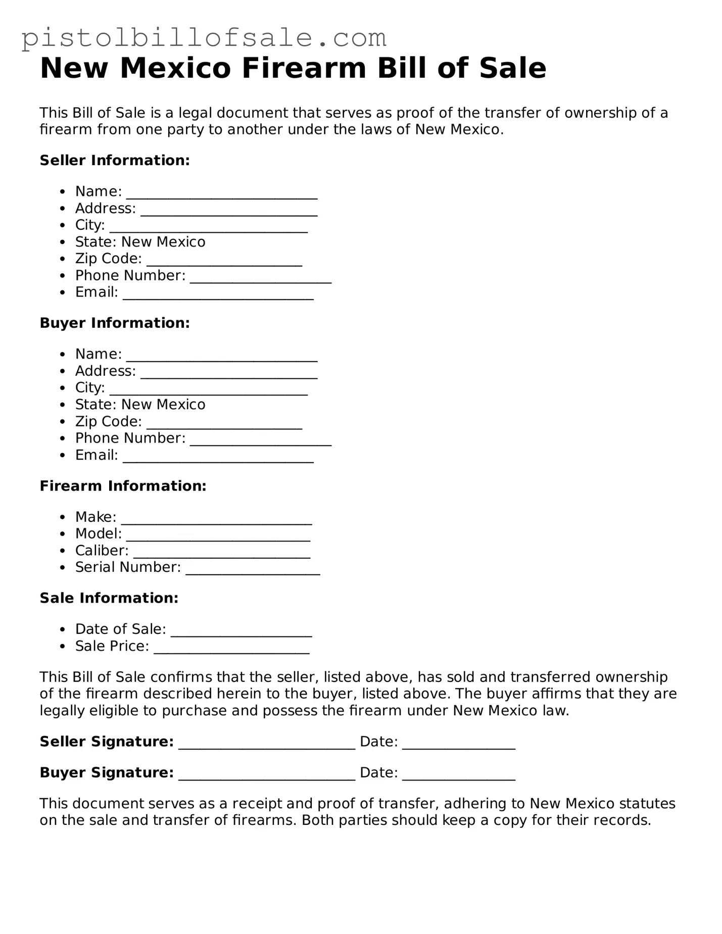 Blank  Firearm Bill of Sale Form for New Mexico