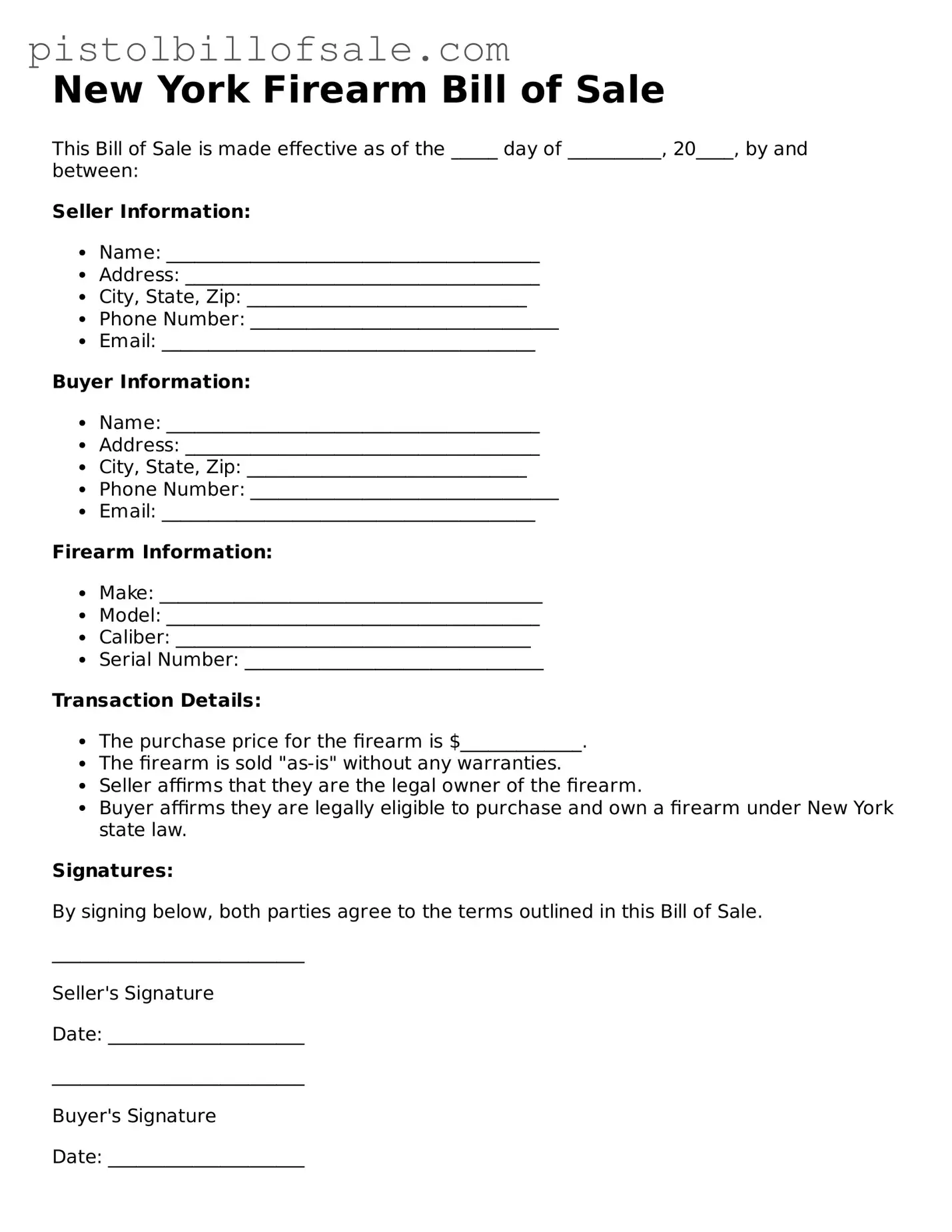 Blank  Firearm Bill of Sale Form for New York