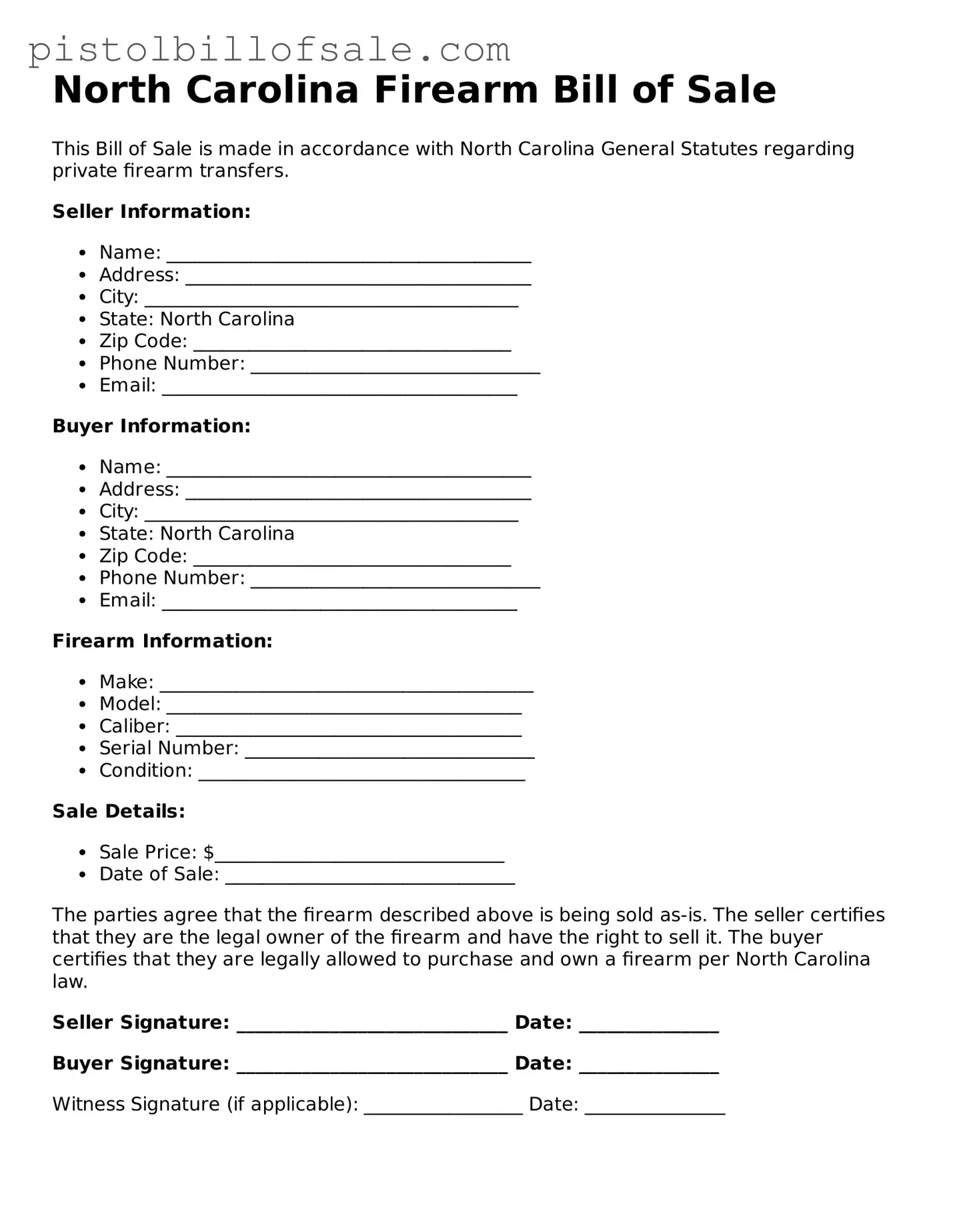Blank  Firearm Bill of Sale Form for North Carolina