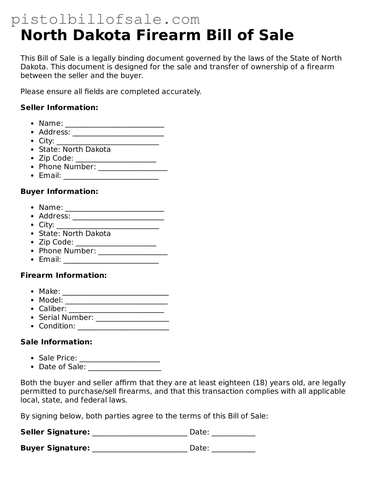 Blank  Firearm Bill of Sale Form for North Dakota