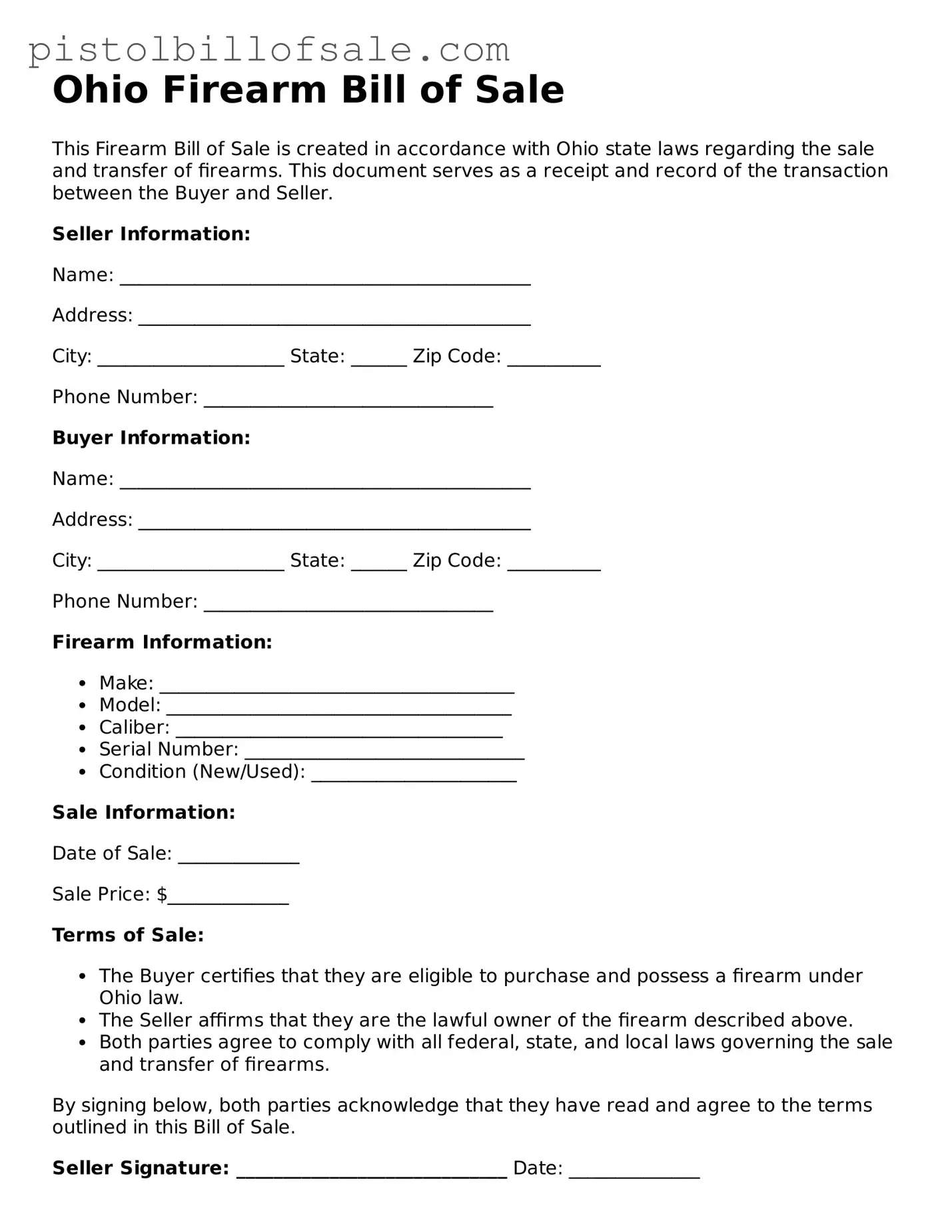 Blank  Firearm Bill of Sale Form for Ohio
