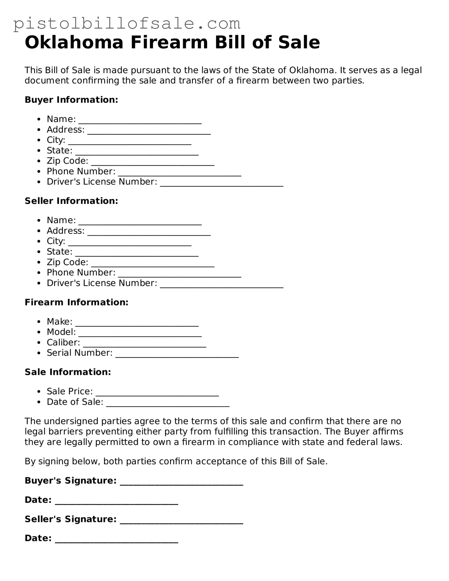 Blank  Firearm Bill of Sale Form for Oklahoma