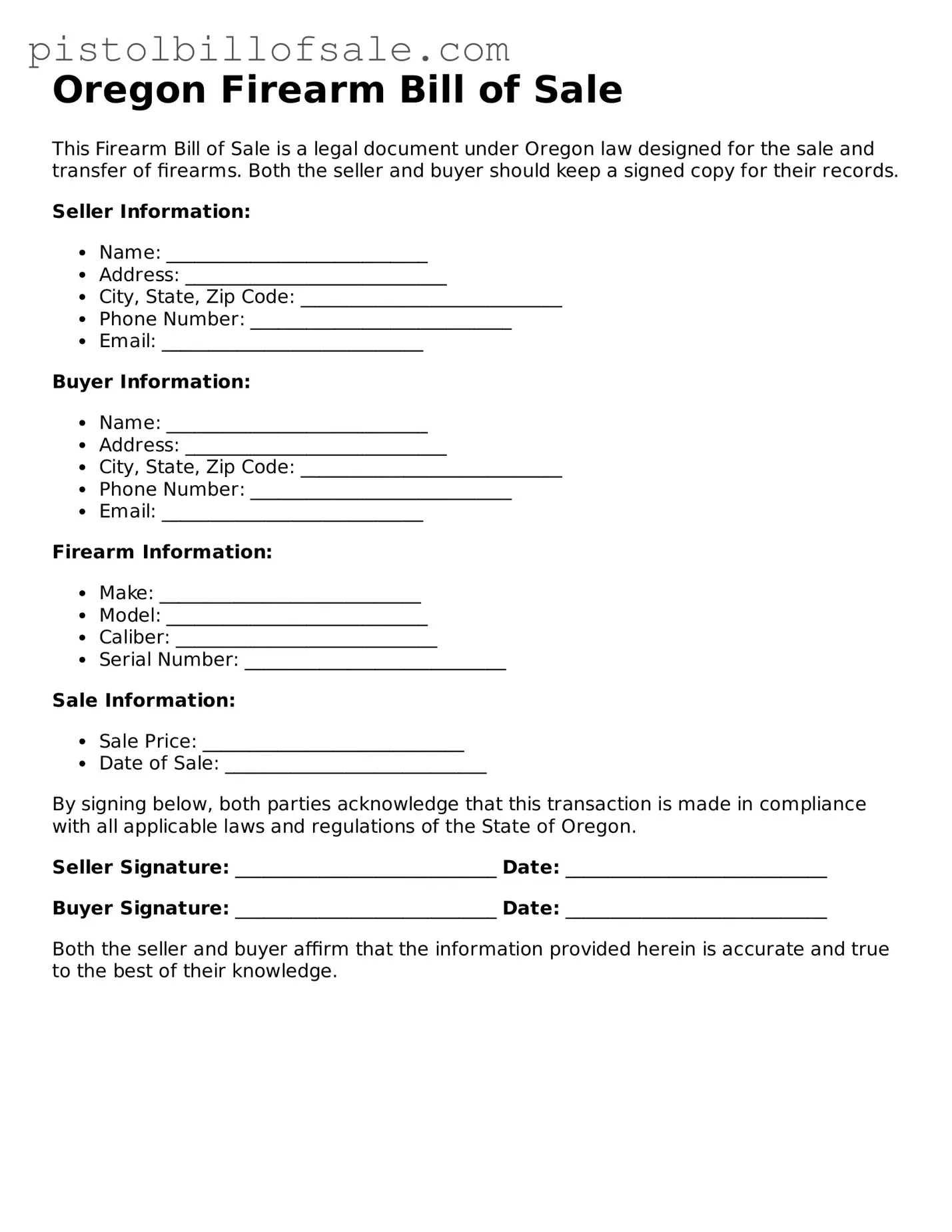 Blank  Firearm Bill of Sale Form for Oregon