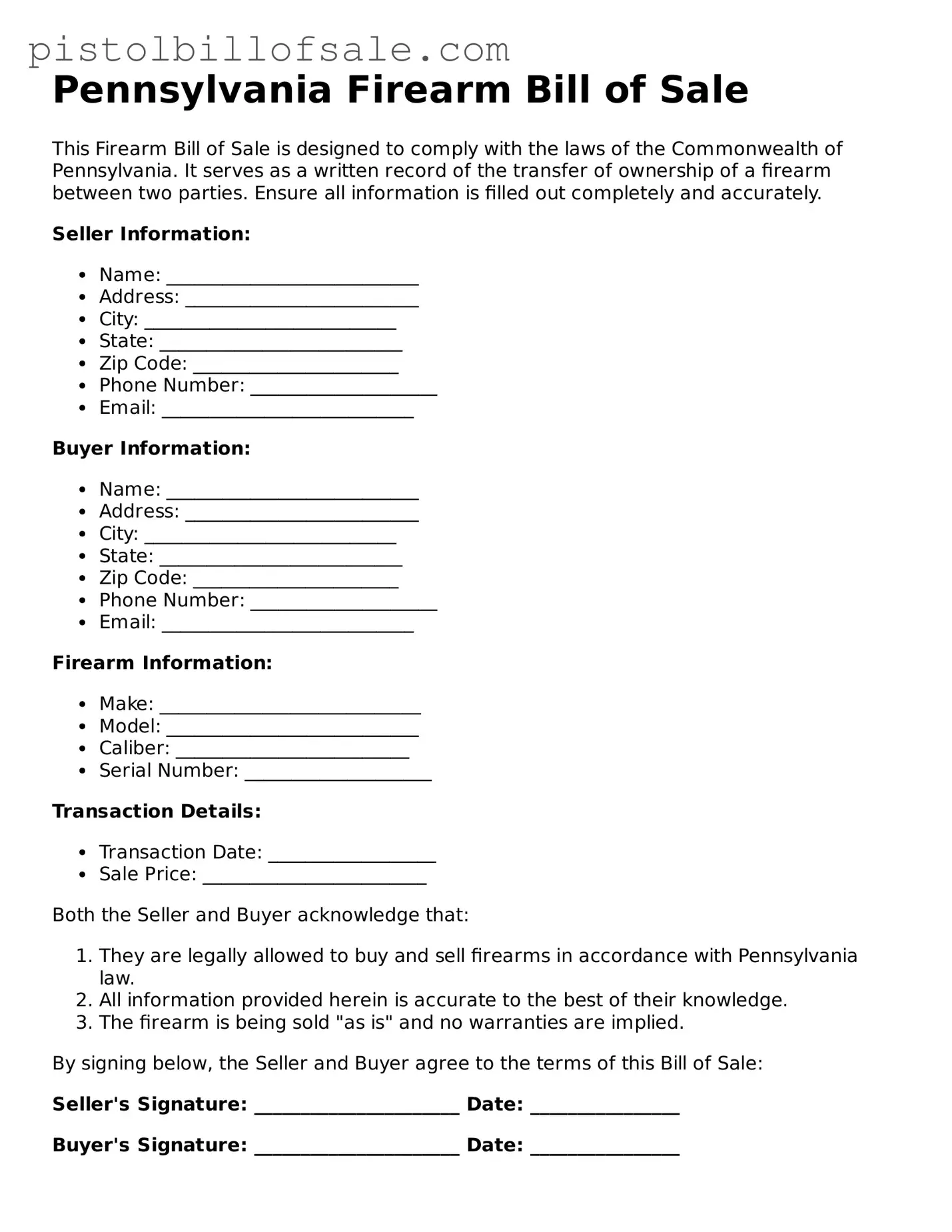 Blank  Firearm Bill of Sale Form for Pennsylvania