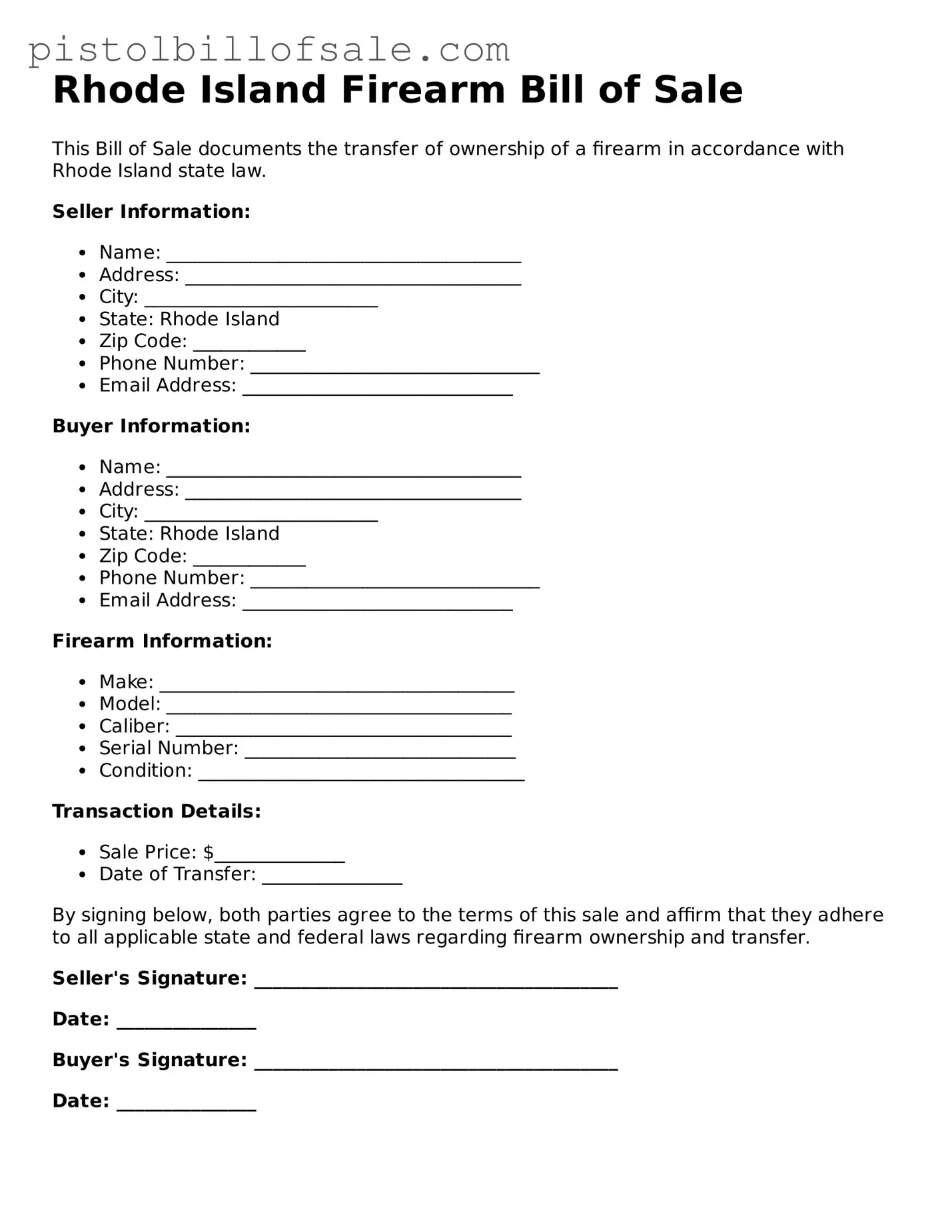 Blank  Firearm Bill of Sale Form for Rhode Island