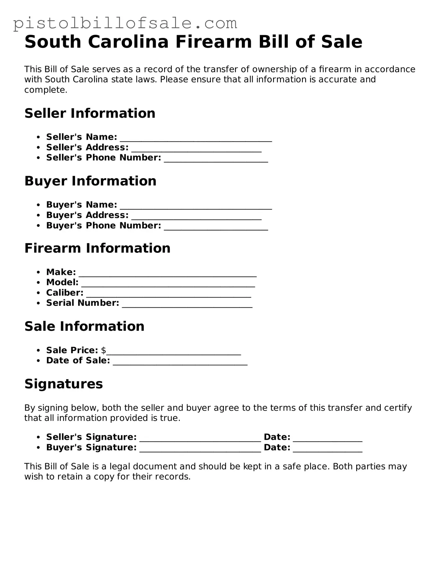 Blank  Firearm Bill of Sale Form for South Carolina