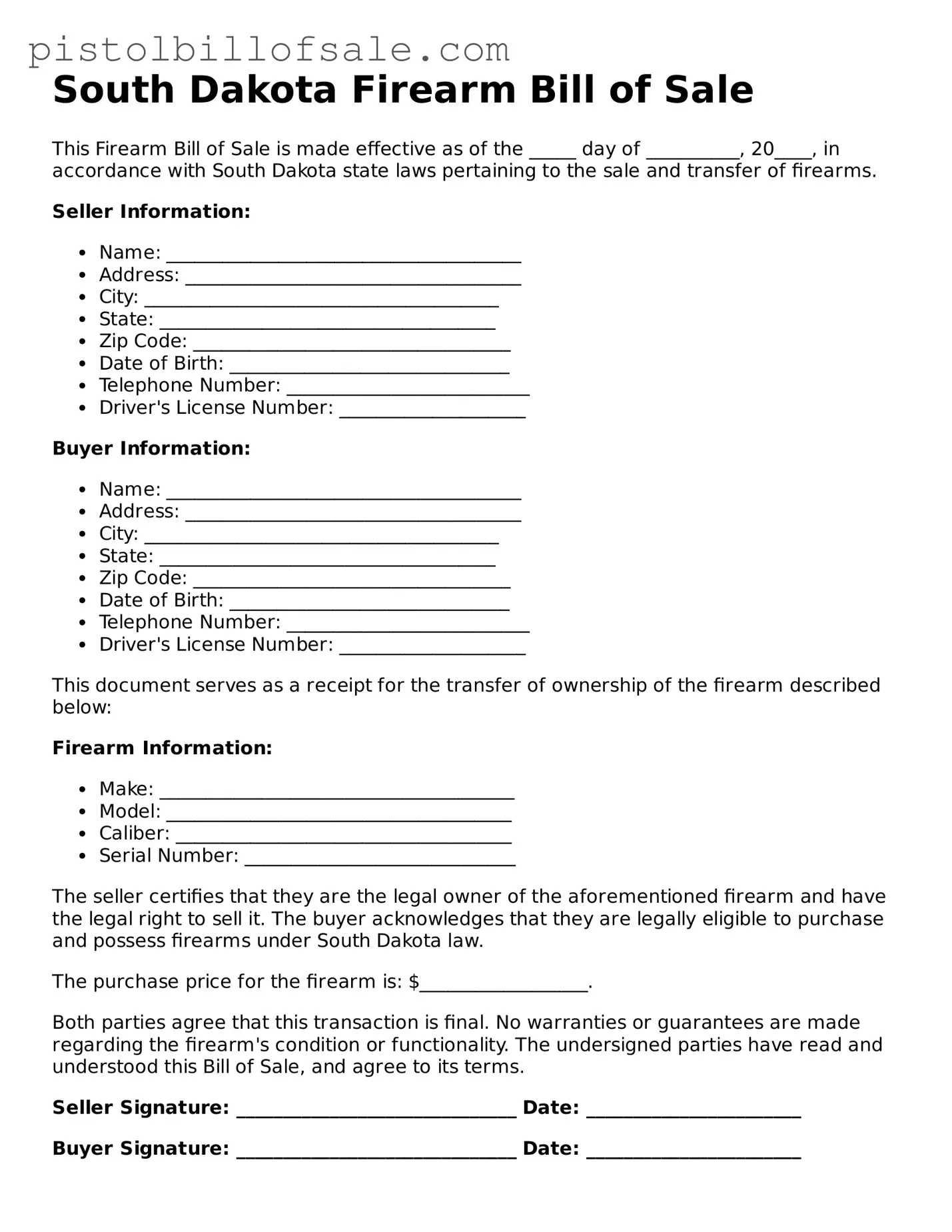 Blank  Firearm Bill of Sale Form for South Dakota