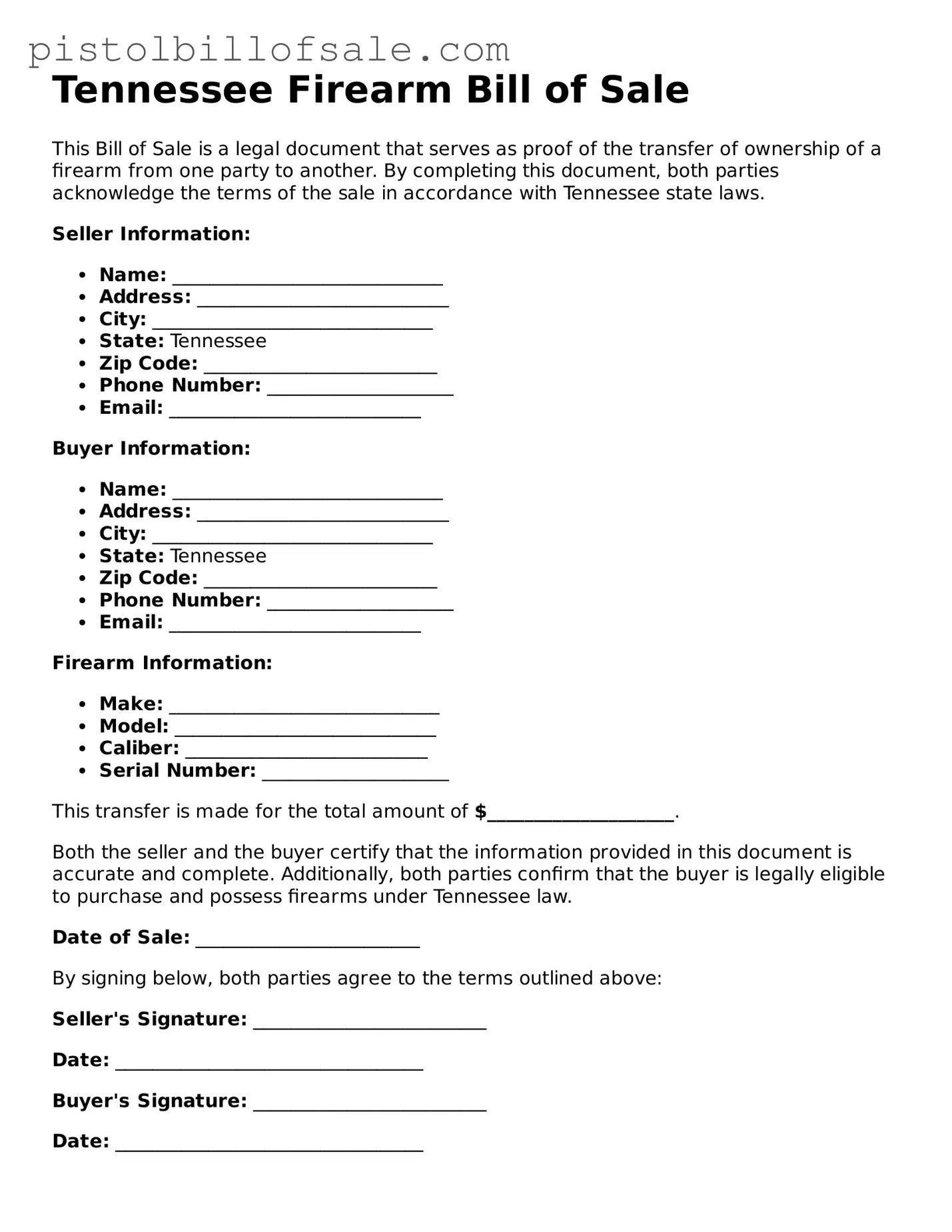 Blank  Firearm Bill of Sale Form for Tennessee