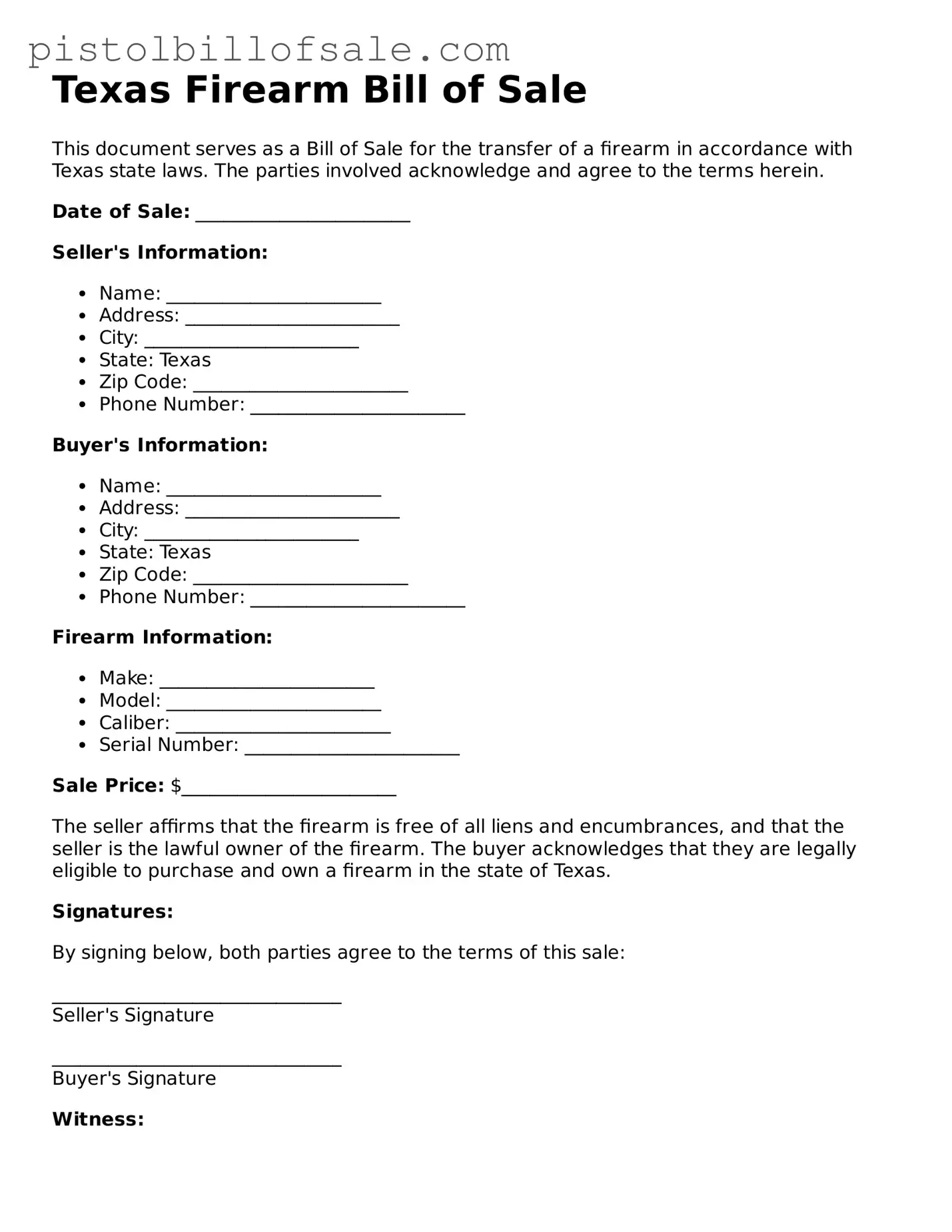 Blank  Firearm Bill of Sale Form for Texas