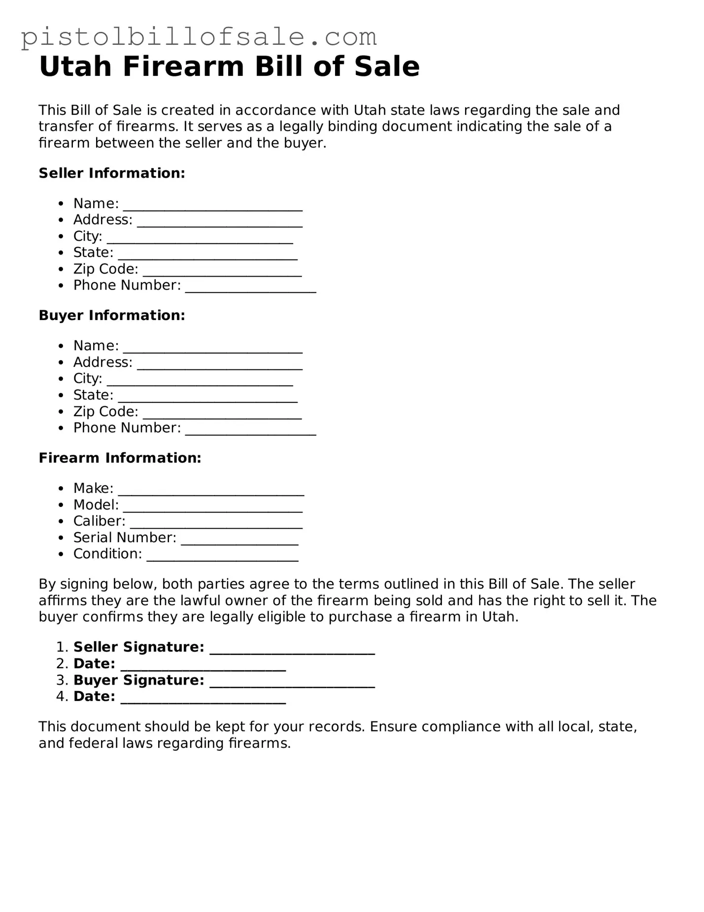 Blank  Firearm Bill of Sale Form for Utah