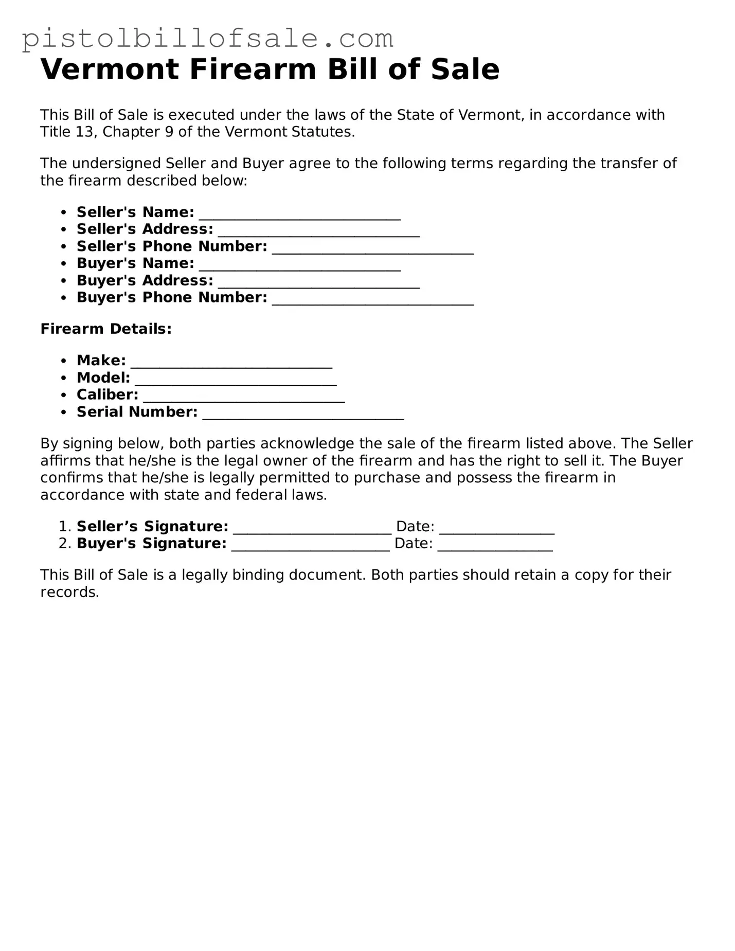 Blank  Firearm Bill of Sale Form for Vermont