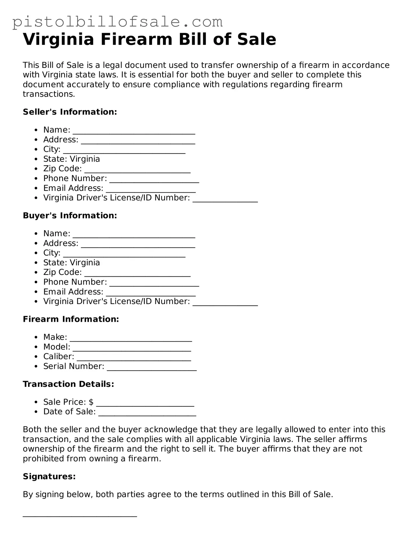 Blank  Firearm Bill of Sale Form for Virginia