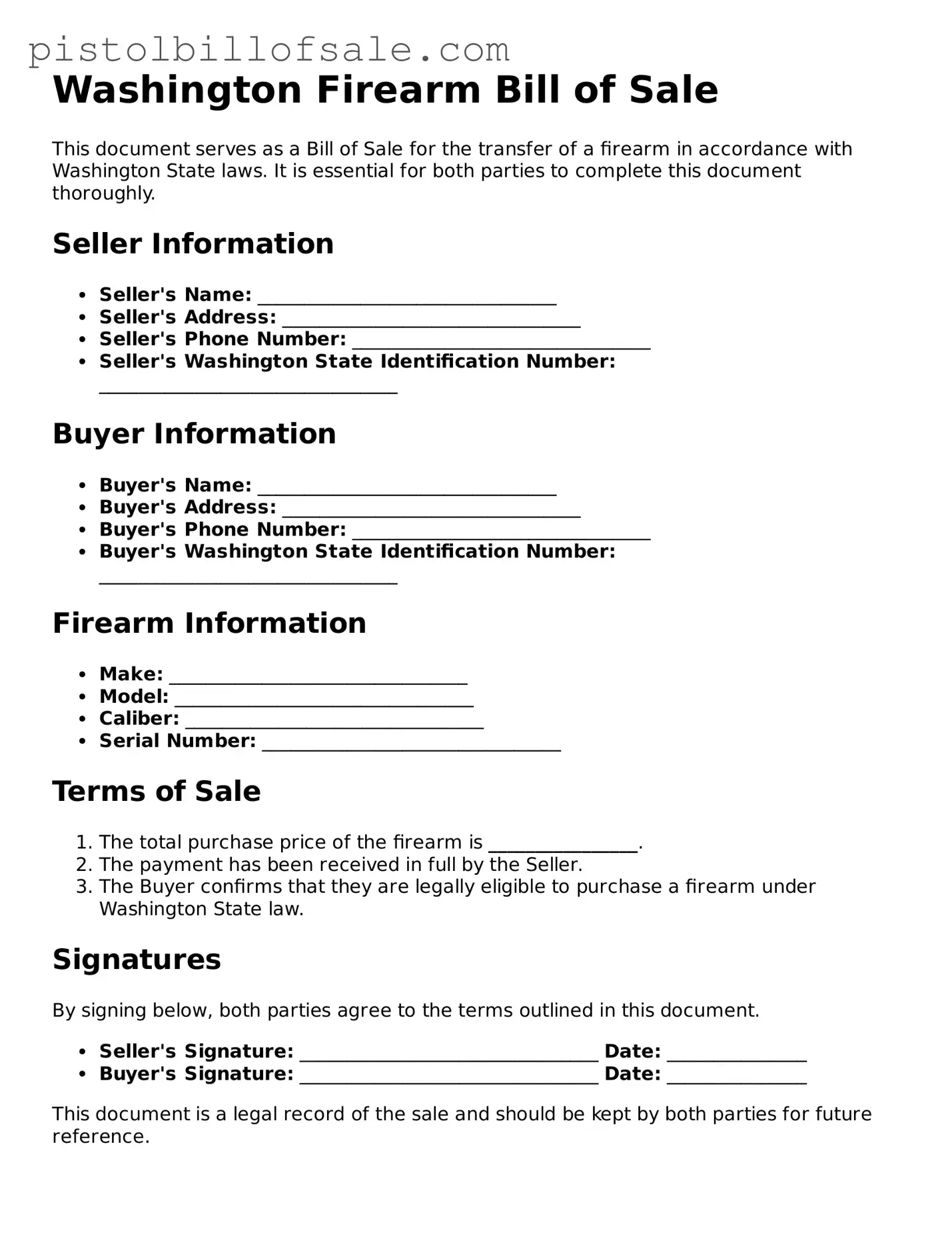 Blank  Firearm Bill of Sale Form for Washington