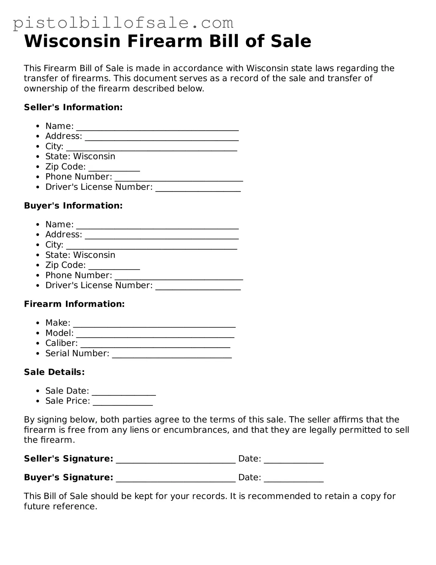 Blank  Firearm Bill of Sale Form for Wisconsin