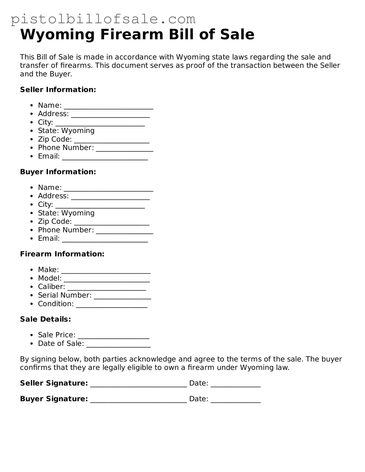 Blank  Firearm Bill of Sale Form for Wyoming